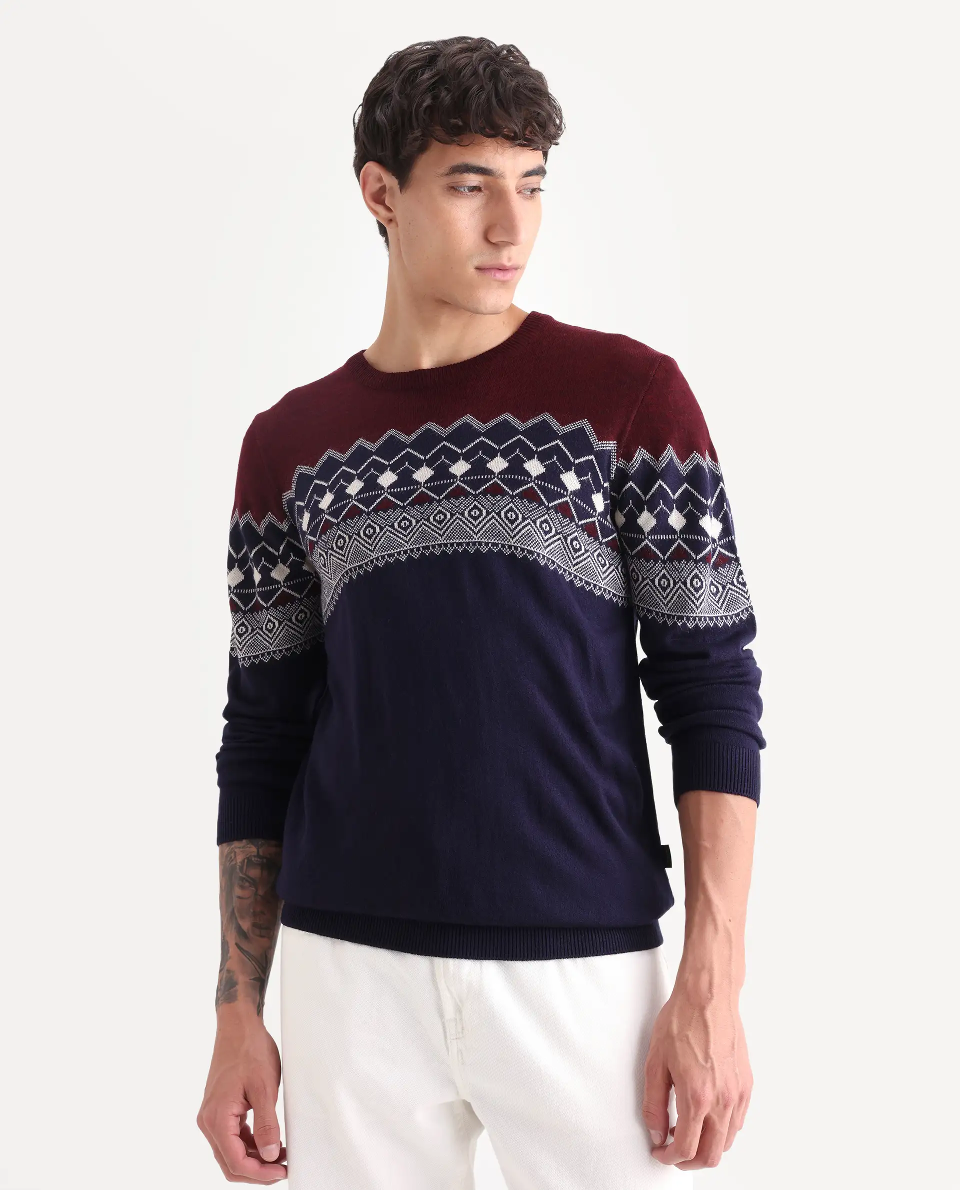 Rare Rabbit Men's Puzzle Blue Acrylic Abstract Print Relaxed Fit Full Sleeve Crew Neck Sweater - Image 5