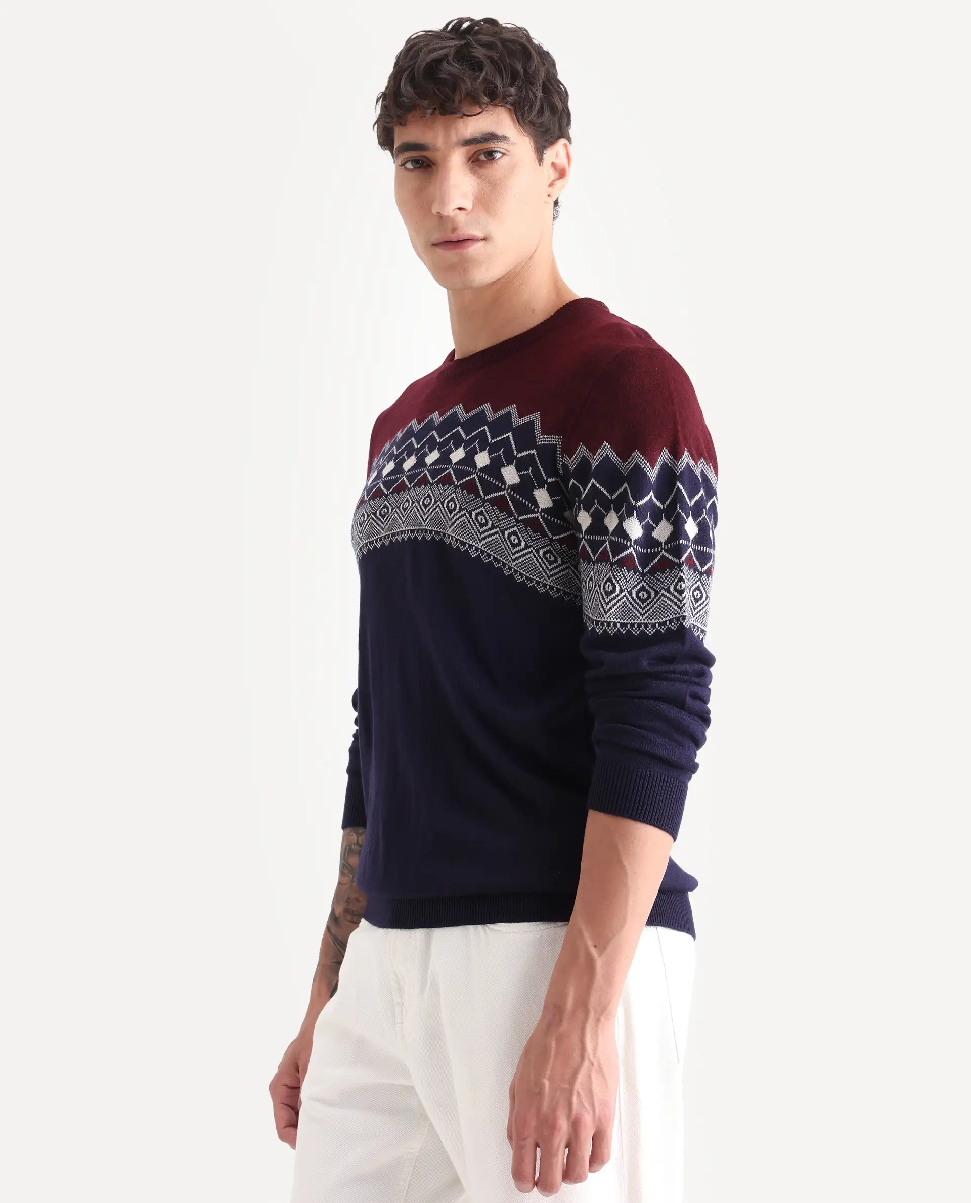 Rare Rabbit Men's Puzzle Blue Acrylic Abstract Print Relaxed Fit Full Sleeve Crew Neck Sweater - Image 6