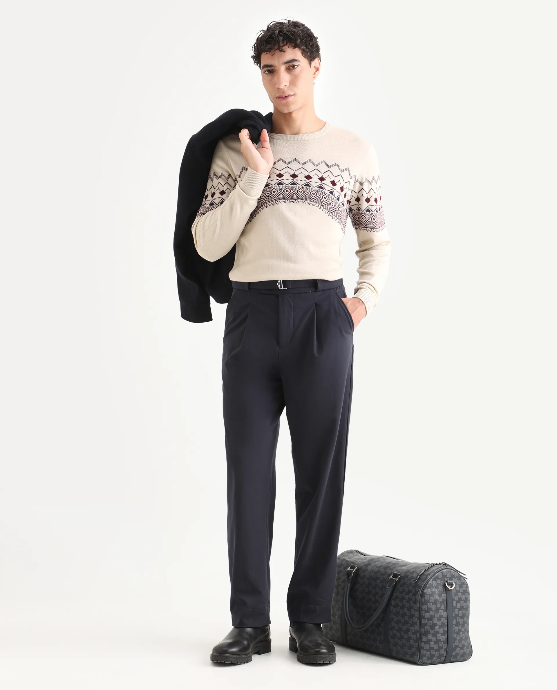 Rare Rabbit Men's Puzzle Off White Acrylic Abstract Print Relaxed Fit Full Sleeve Crew Neck Sweater - Image 2