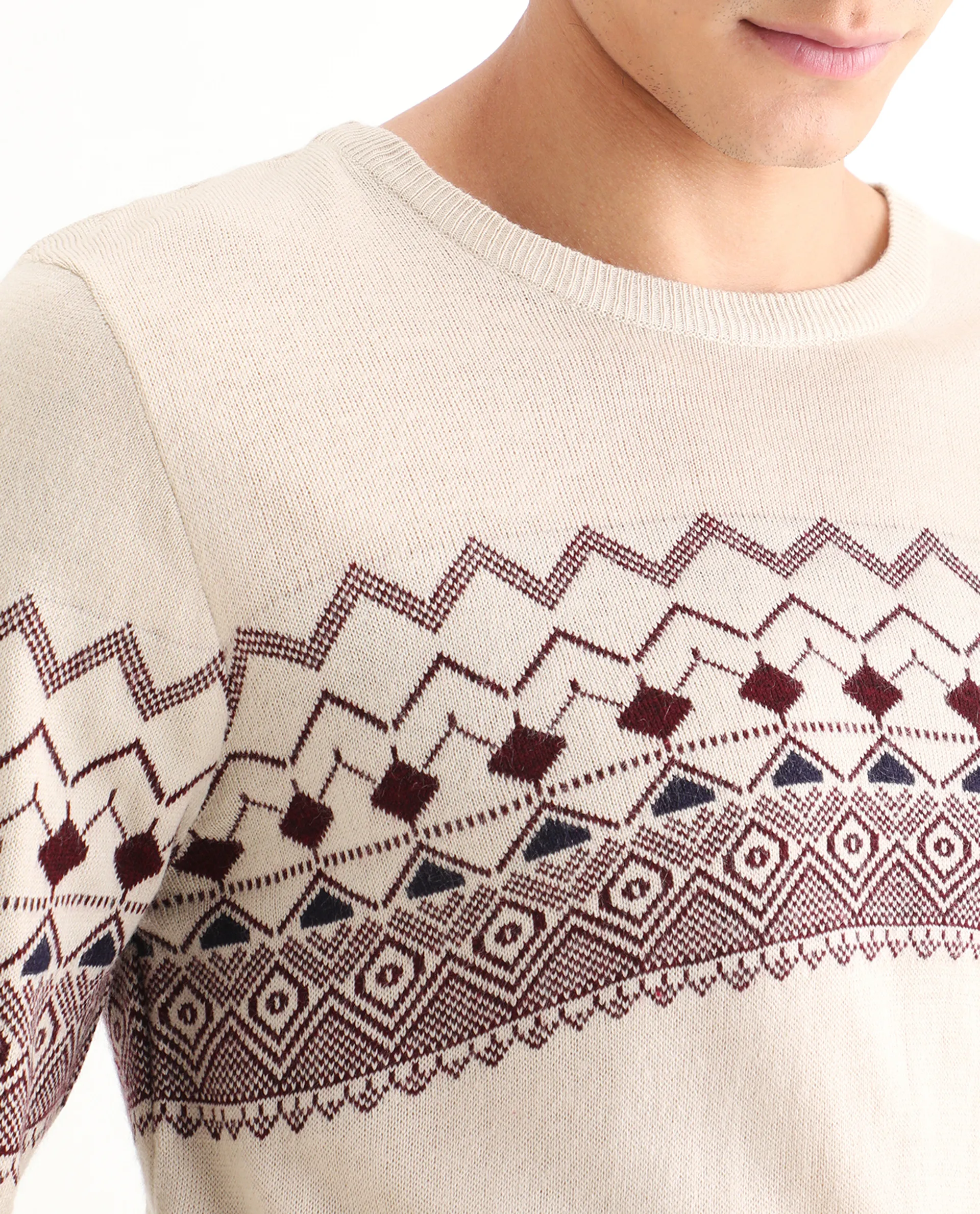 Rare Rabbit Men's Puzzle Off White Acrylic Abstract Print Relaxed Fit Full Sleeve Crew Neck Sweater - Image 3