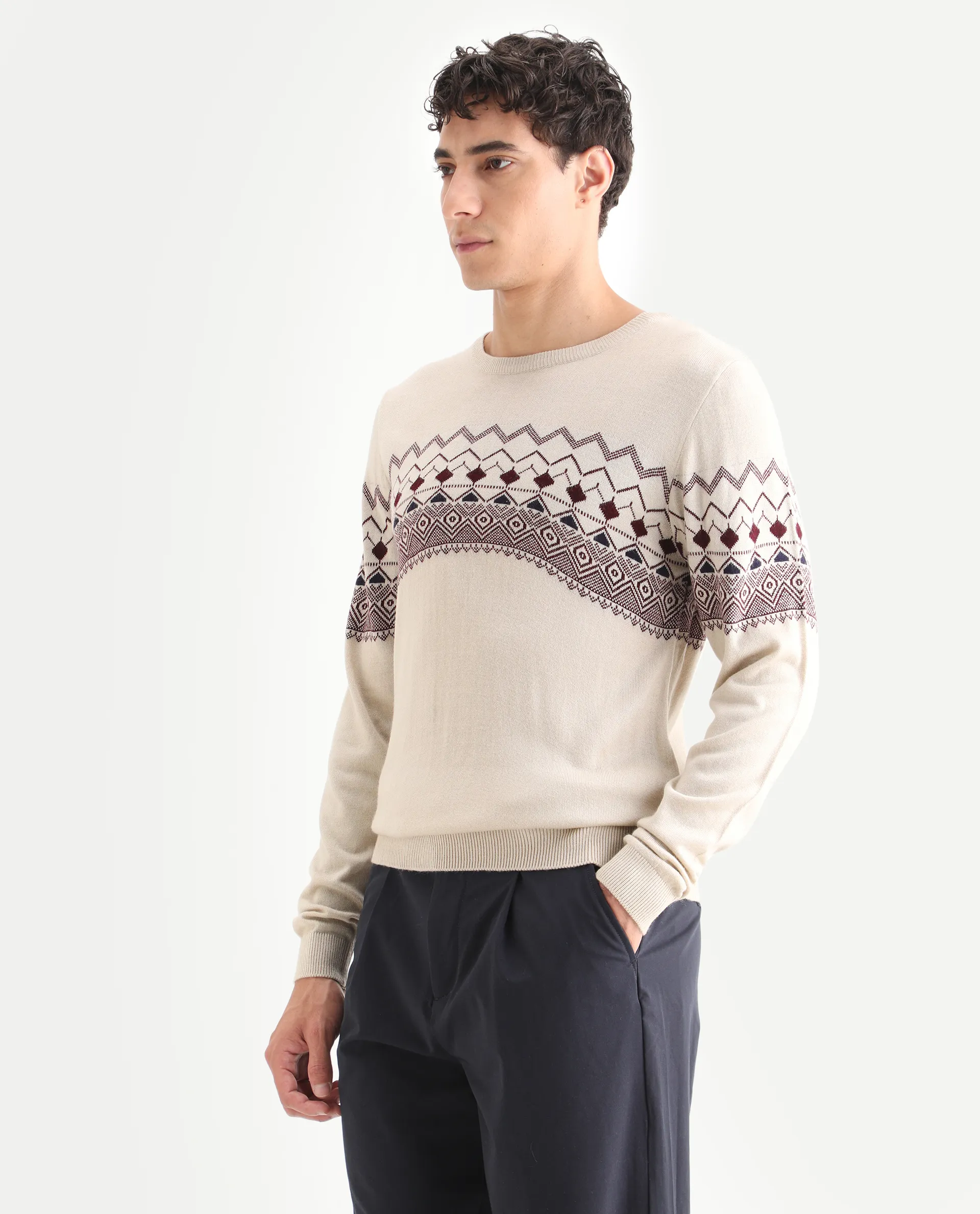 Rare Rabbit Men's Puzzle Off White Acrylic Abstract Print Relaxed Fit Full Sleeve Crew Neck Sweater - Image 4
