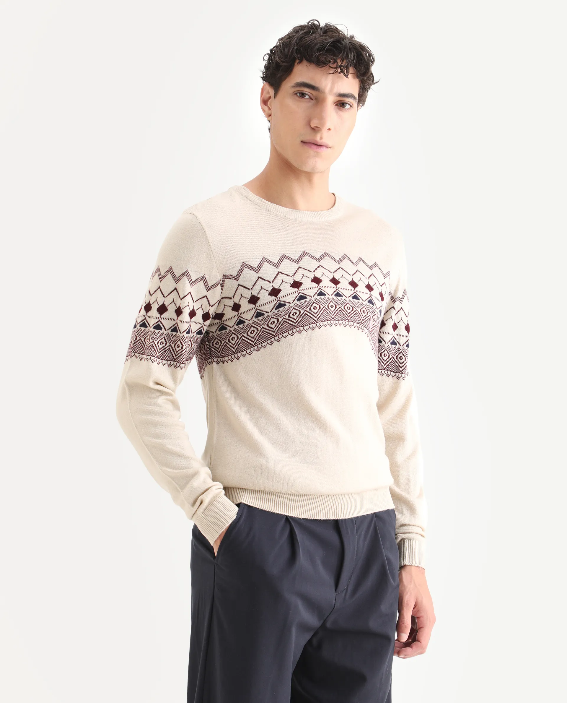Rare Rabbit Men's Puzzle Off White Acrylic Abstract Print Relaxed Fit Full Sleeve Crew Neck Sweater - Image 5