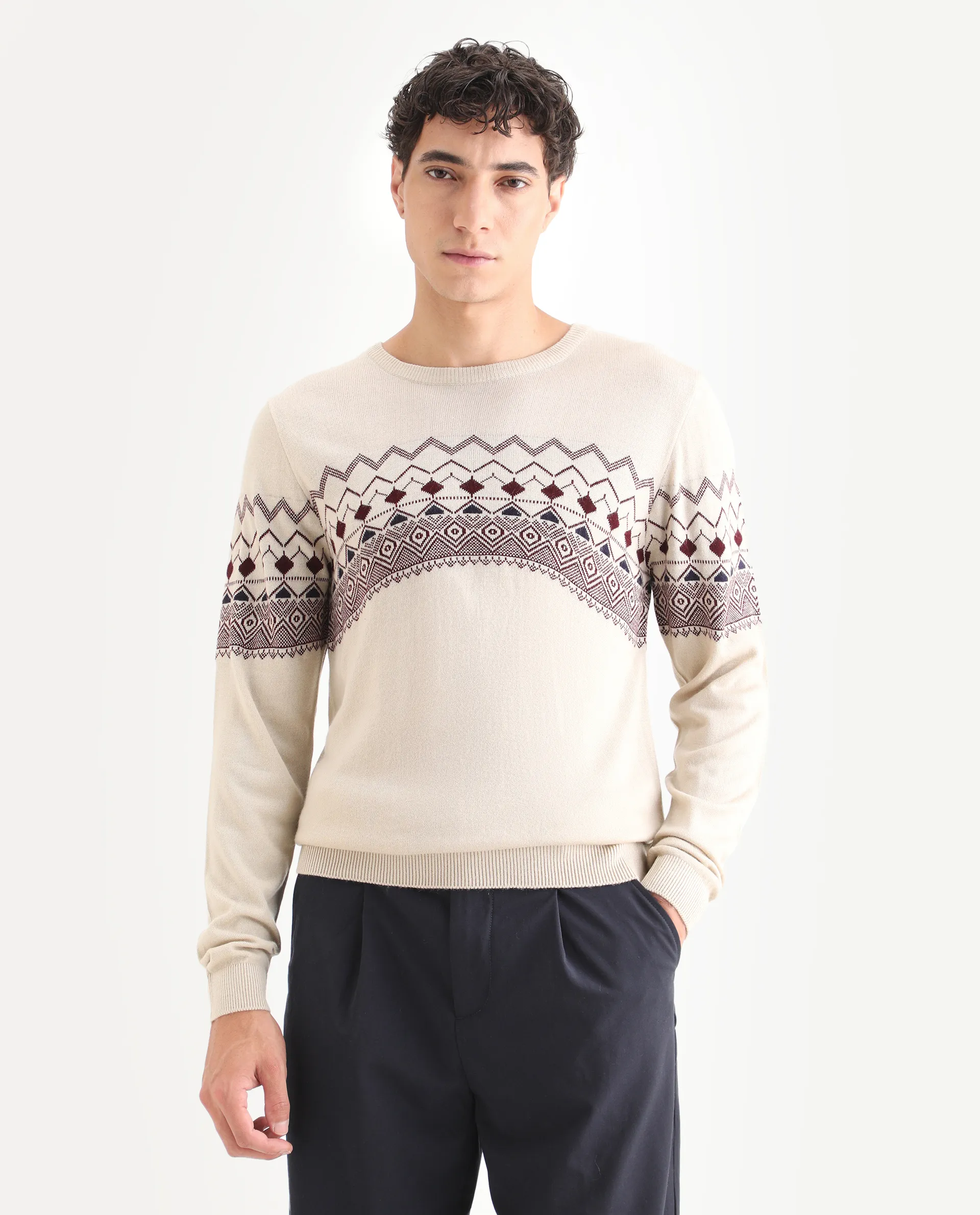 Rare Rabbit Men's Puzzle Off White Acrylic Abstract Print Relaxed Fit Full Sleeve Crew Neck Sweater - Image 6