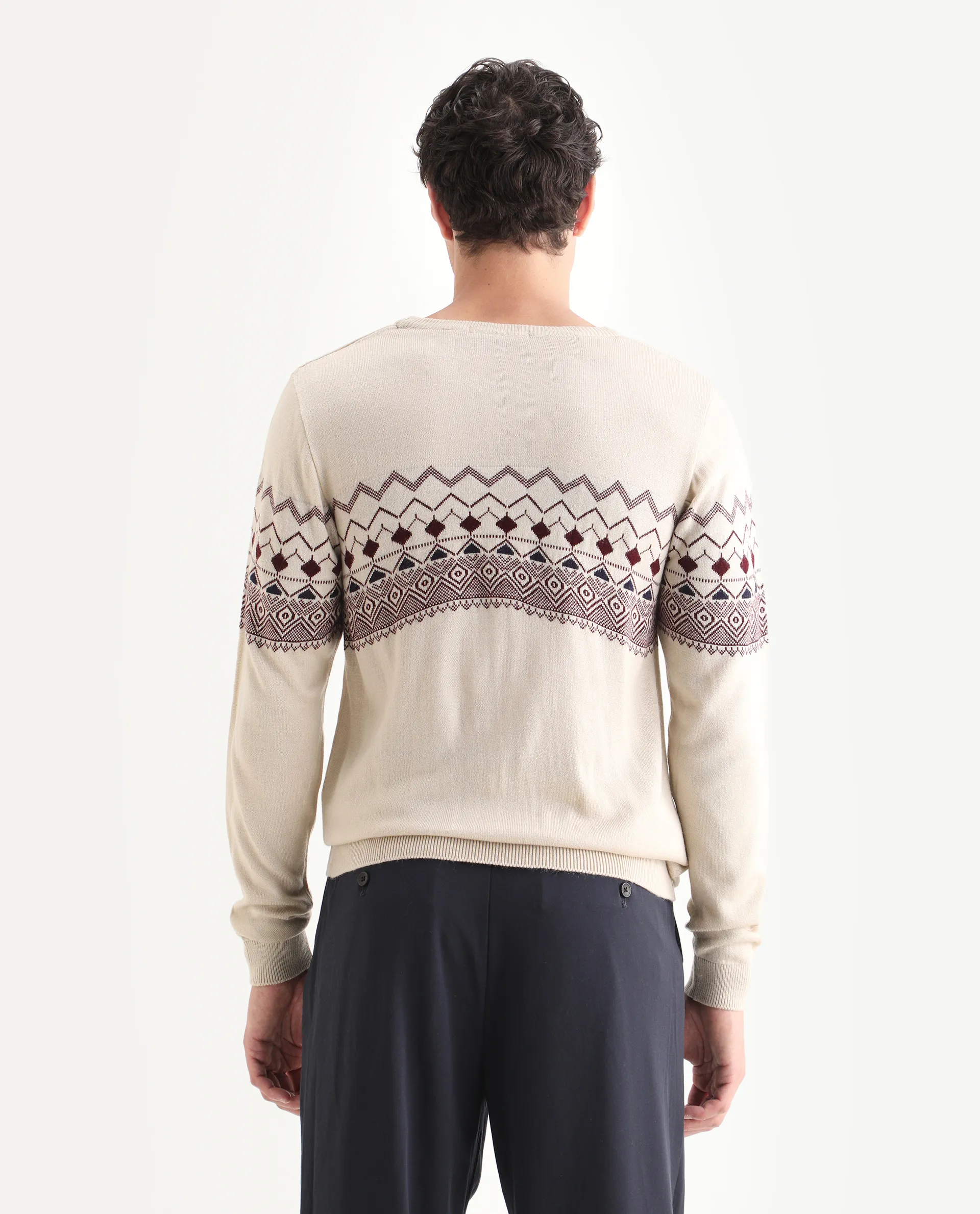 Rare Rabbit Men's Puzzle Off White Acrylic Abstract Print Relaxed Fit Full Sleeve Crew Neck Sweater - Image 7