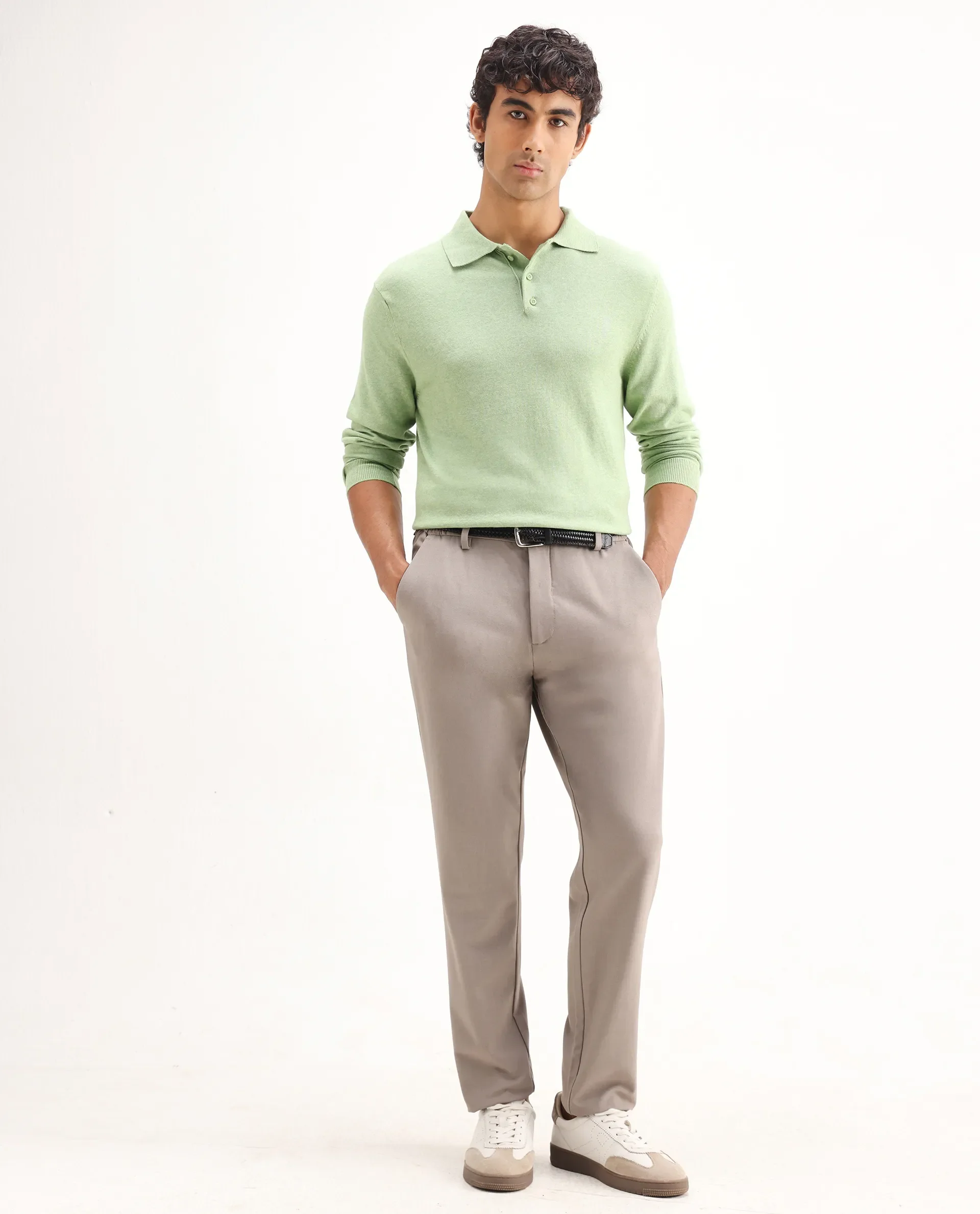 Rare Rabbit Men's Pyer Light Green Flat Knit Plain Regular Fit Full Sleeve Polo - Image 2