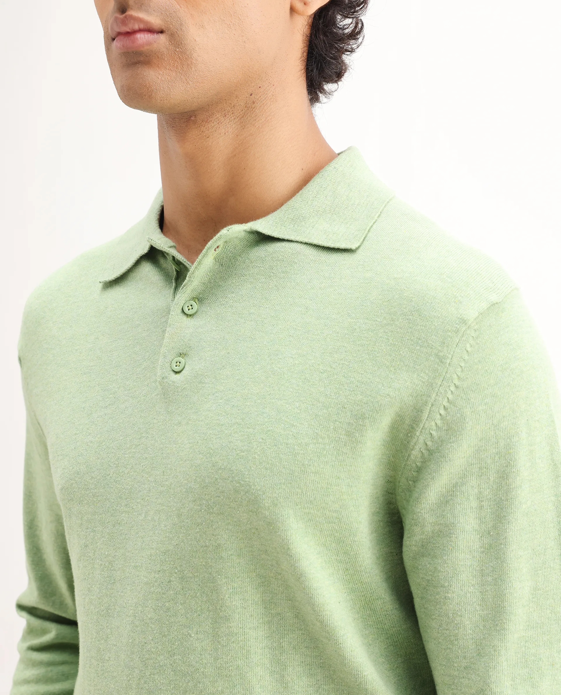 Rare Rabbit Men's Pyer Light Green Flat Knit Plain Regular Fit Full Sleeve Polo - Image 3