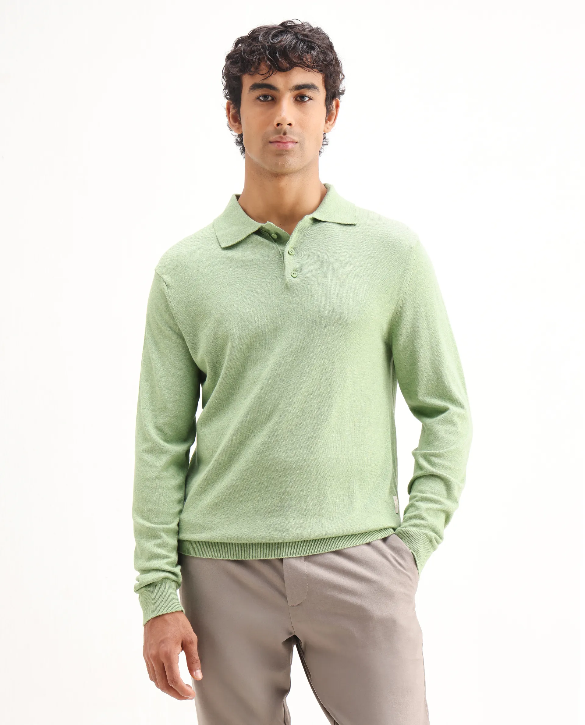 Rare Rabbit Men's Pyer Light Green Flat Knit Plain Regular Fit Full Sleeve Polo - Image 4