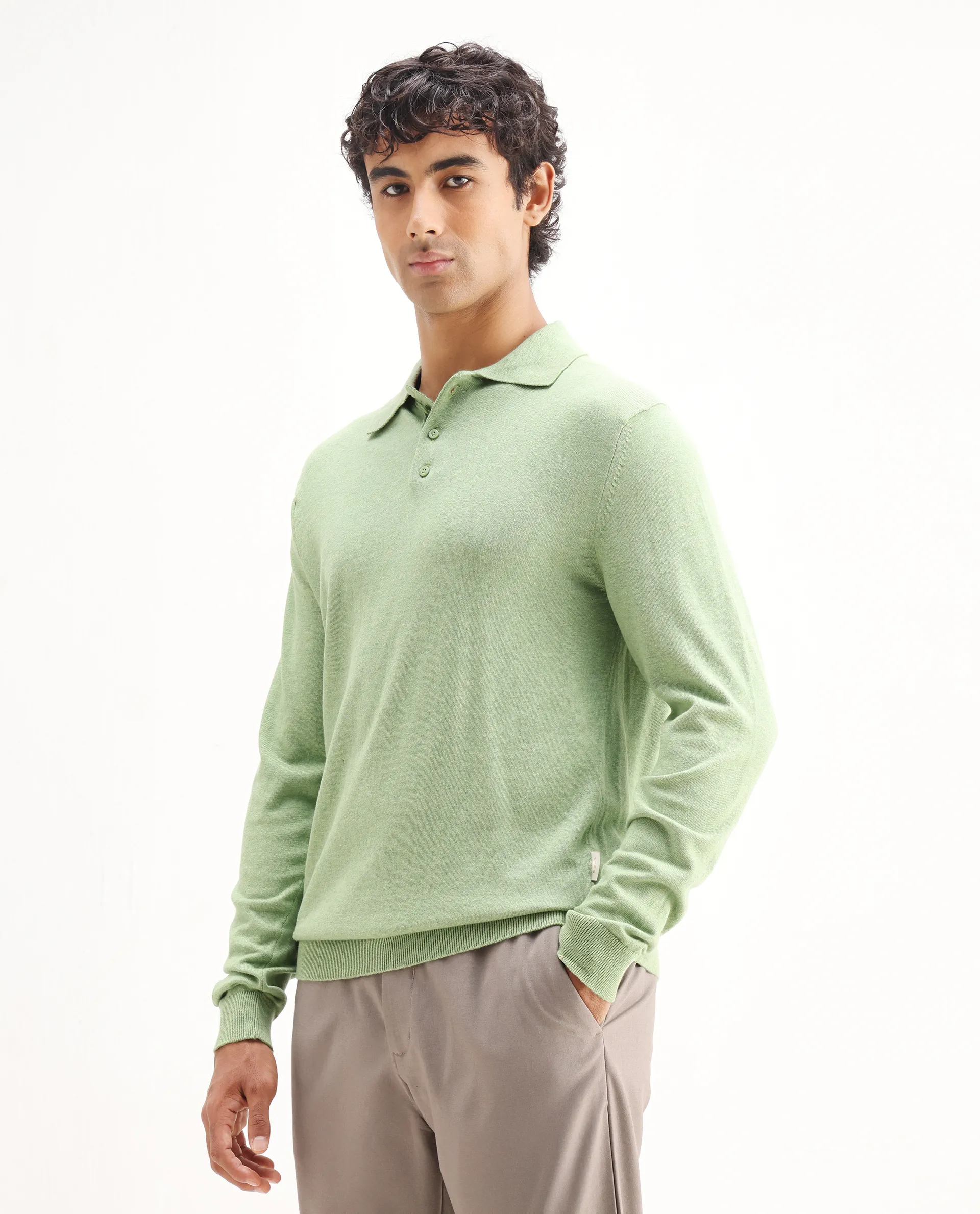 Rare Rabbit Men's Pyer Light Green Flat Knit Plain Regular Fit Full Sleeve Polo - Image 5