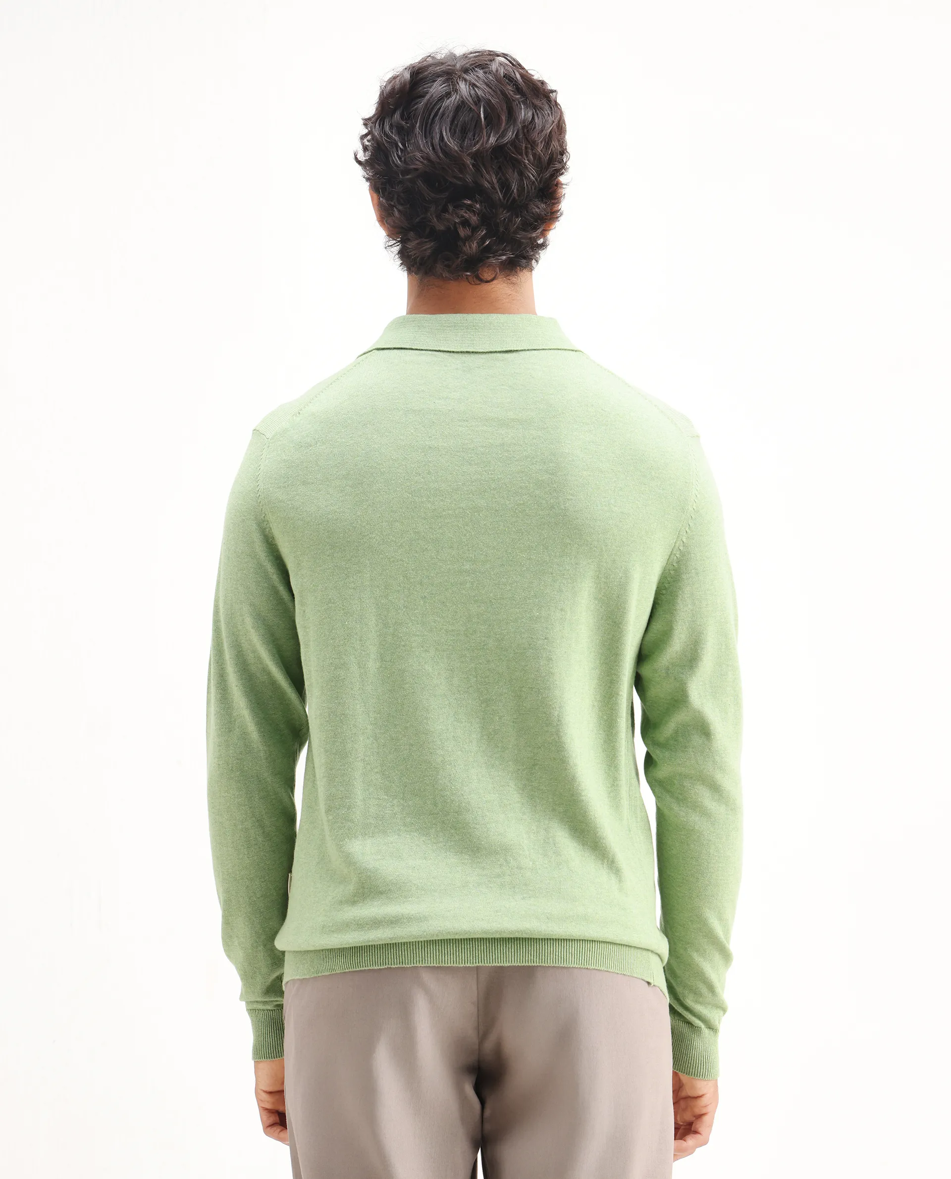 Rare Rabbit Men's Pyer Light Green Flat Knit Plain Regular Fit Full Sleeve Polo - Image 7