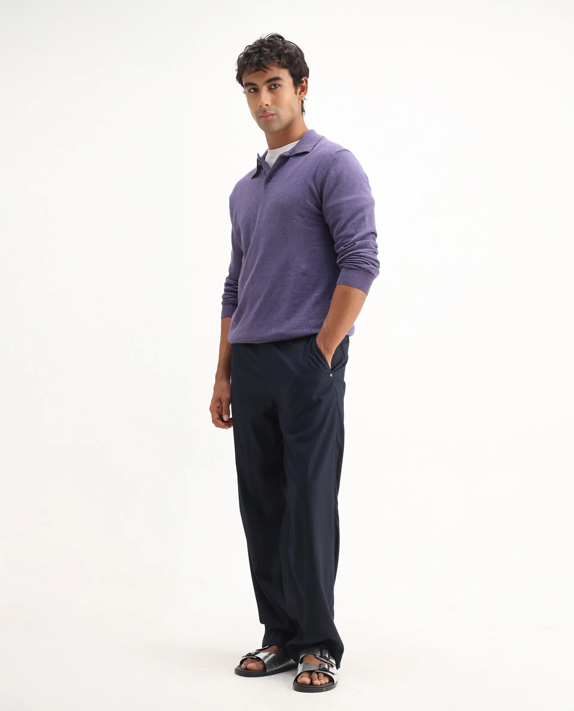 Rare Rabbit Men's Pyer Light Purple Flat Knit Plain Regular Fit Full Sleeve Polo - Image 2