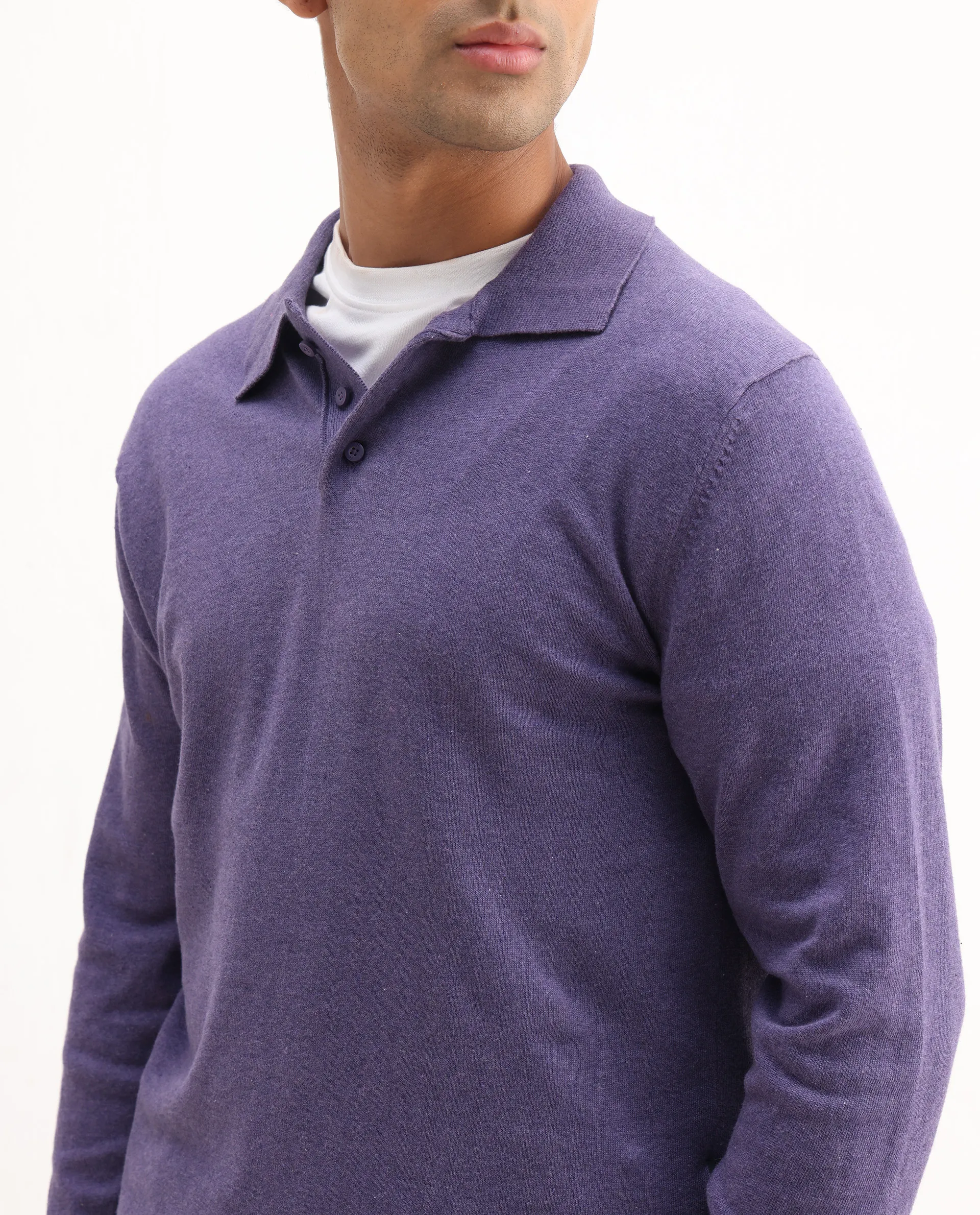 Rare Rabbit Men's Pyer Light Purple Flat Knit Plain Regular Fit Full Sleeve Polo - Image 3