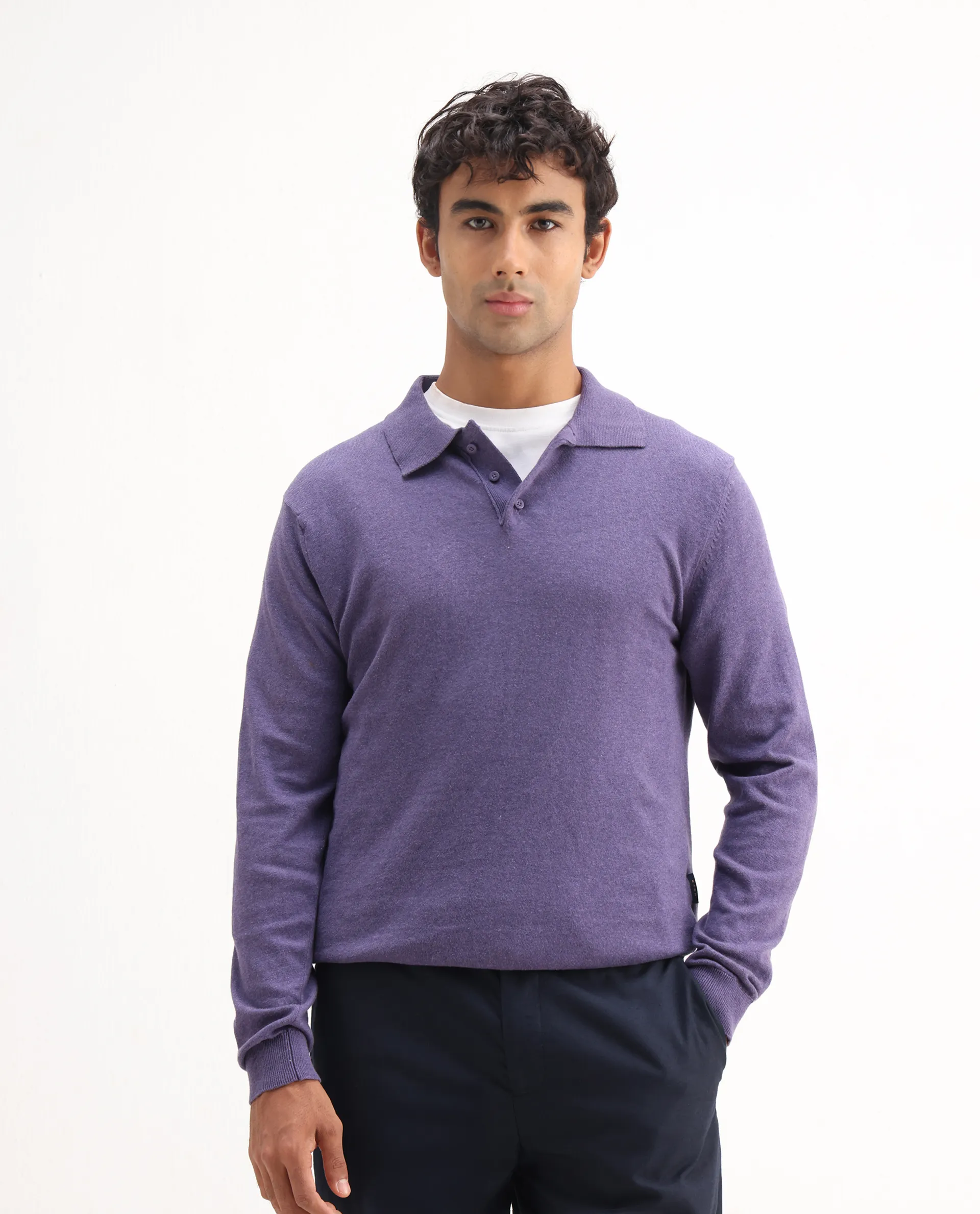 Rare Rabbit Men's Pyer Light Purple Flat Knit Plain Regular Fit Full Sleeve Polo - Image 4