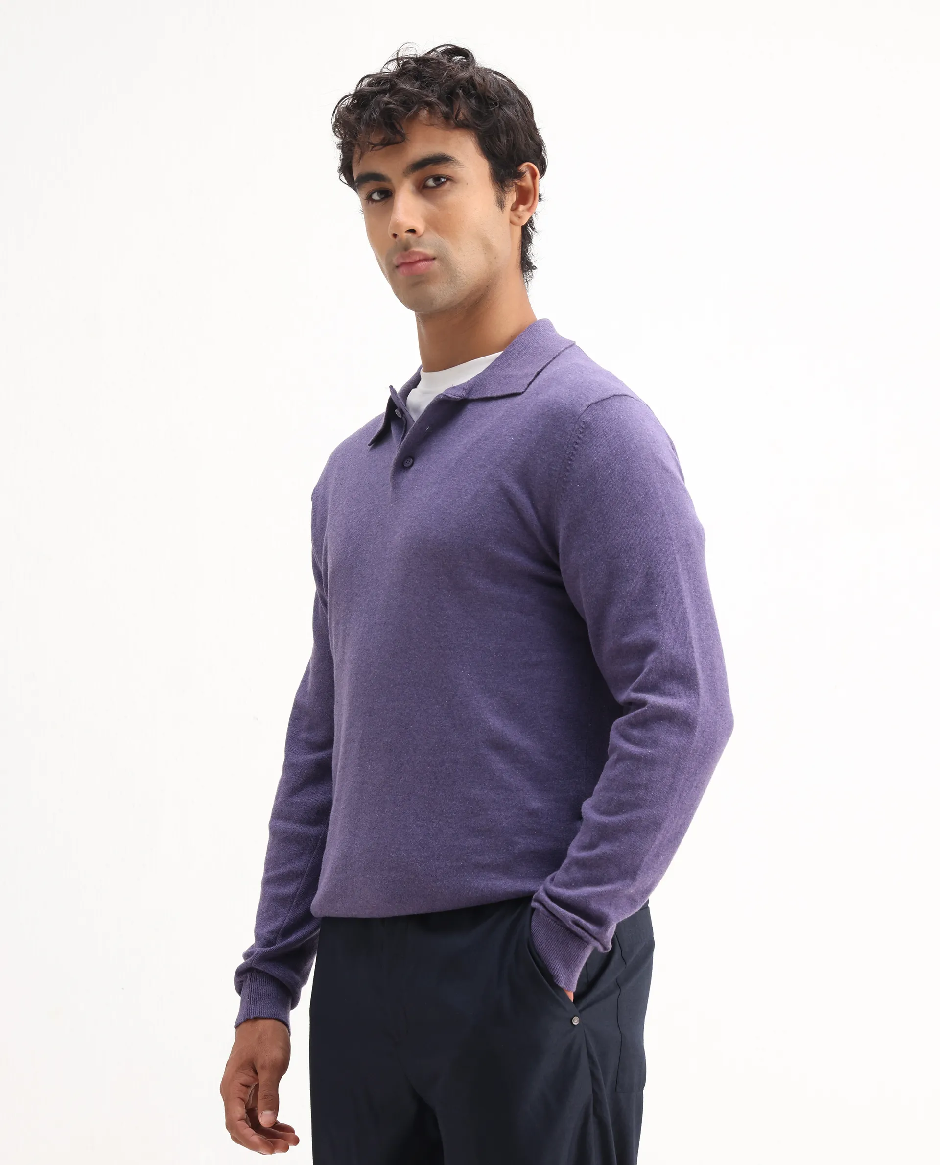 Rare Rabbit Men's Pyer Light Purple Flat Knit Plain Regular Fit Full Sleeve Polo - Image 5