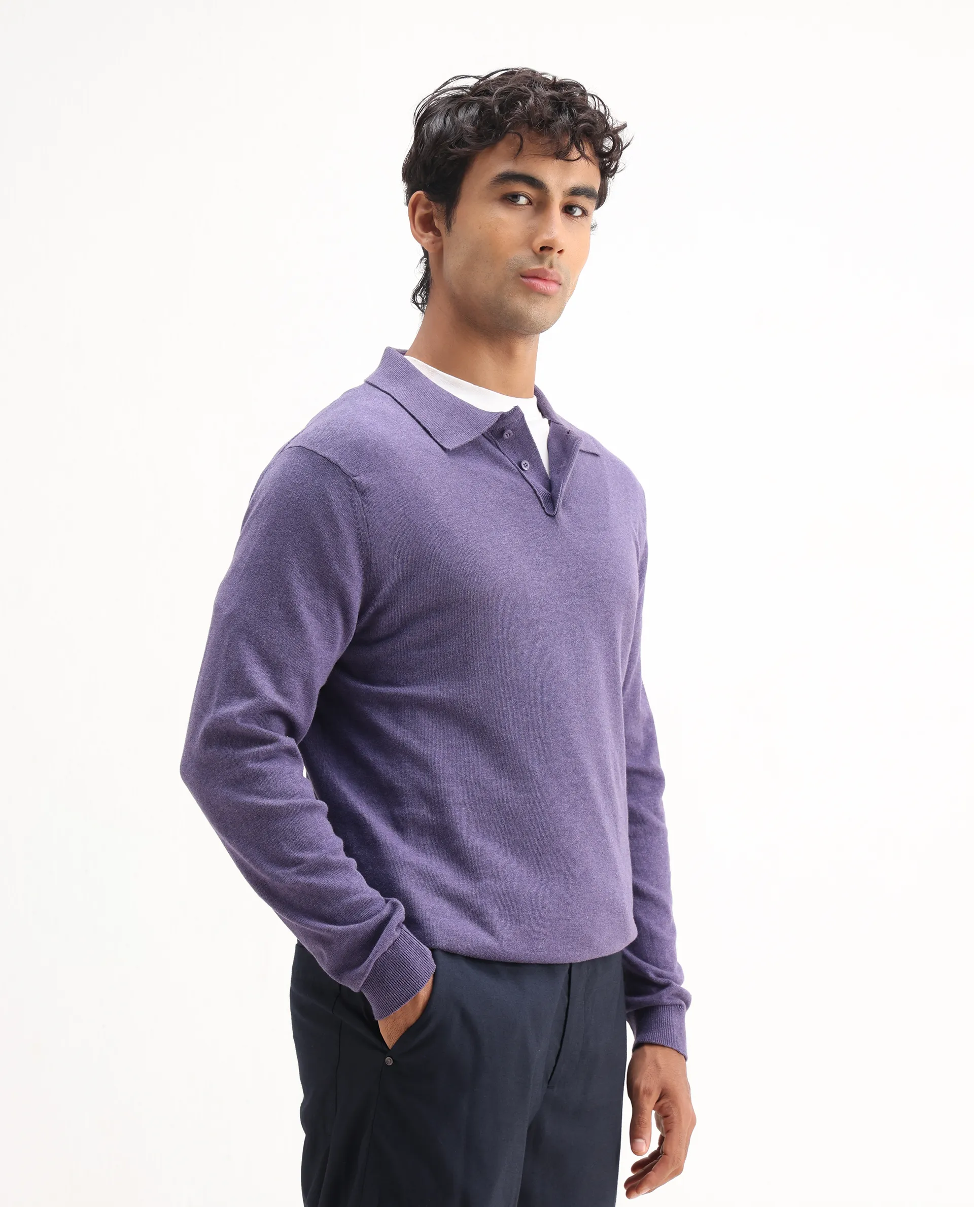 Rare Rabbit Men's Pyer Light Purple Flat Knit Plain Regular Fit Full Sleeve Polo - Image 6