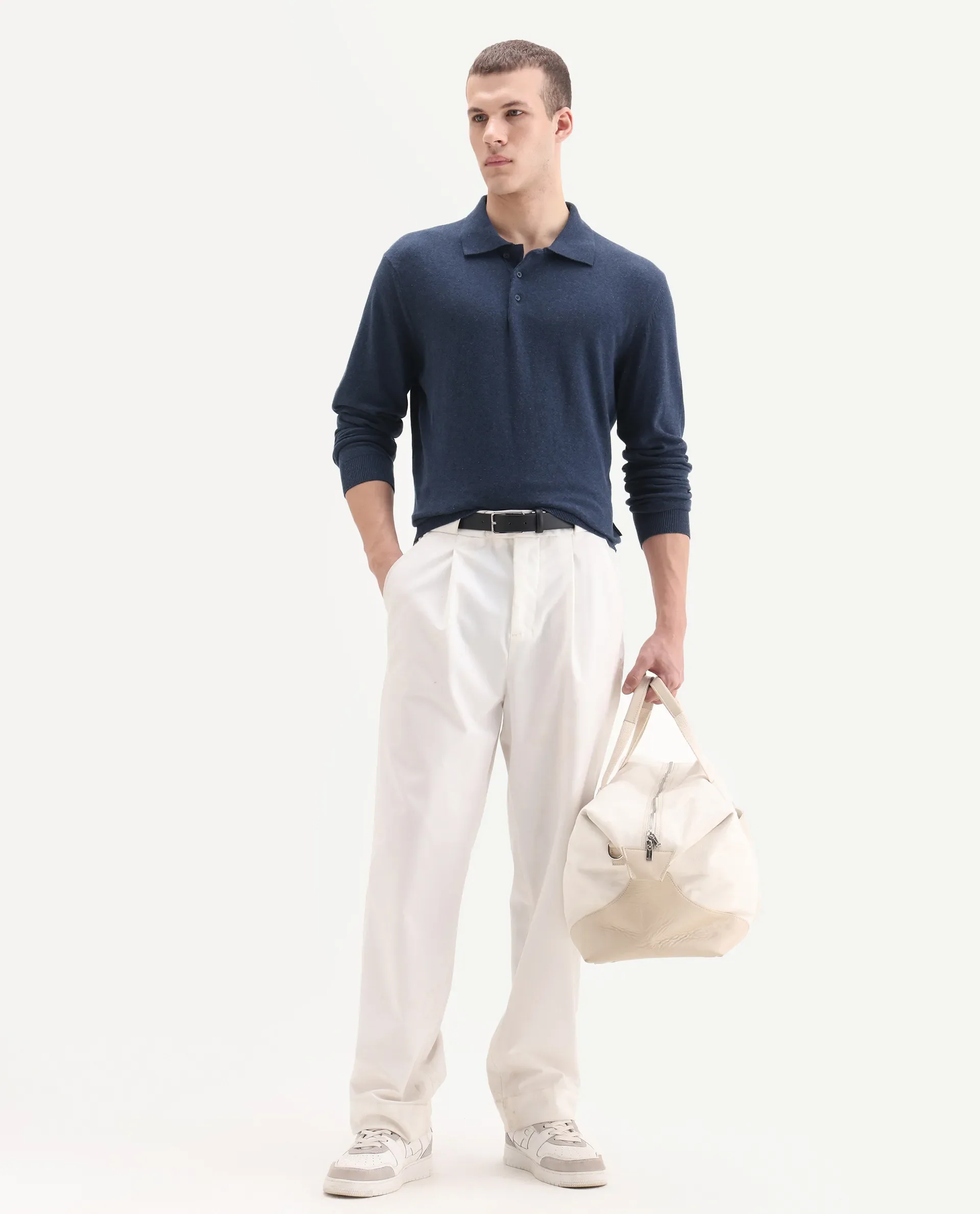 Rare Rabbit Men's Pyer Navy Flat Knit Plain Regular Fit Full Sleeve Polo - Image 2