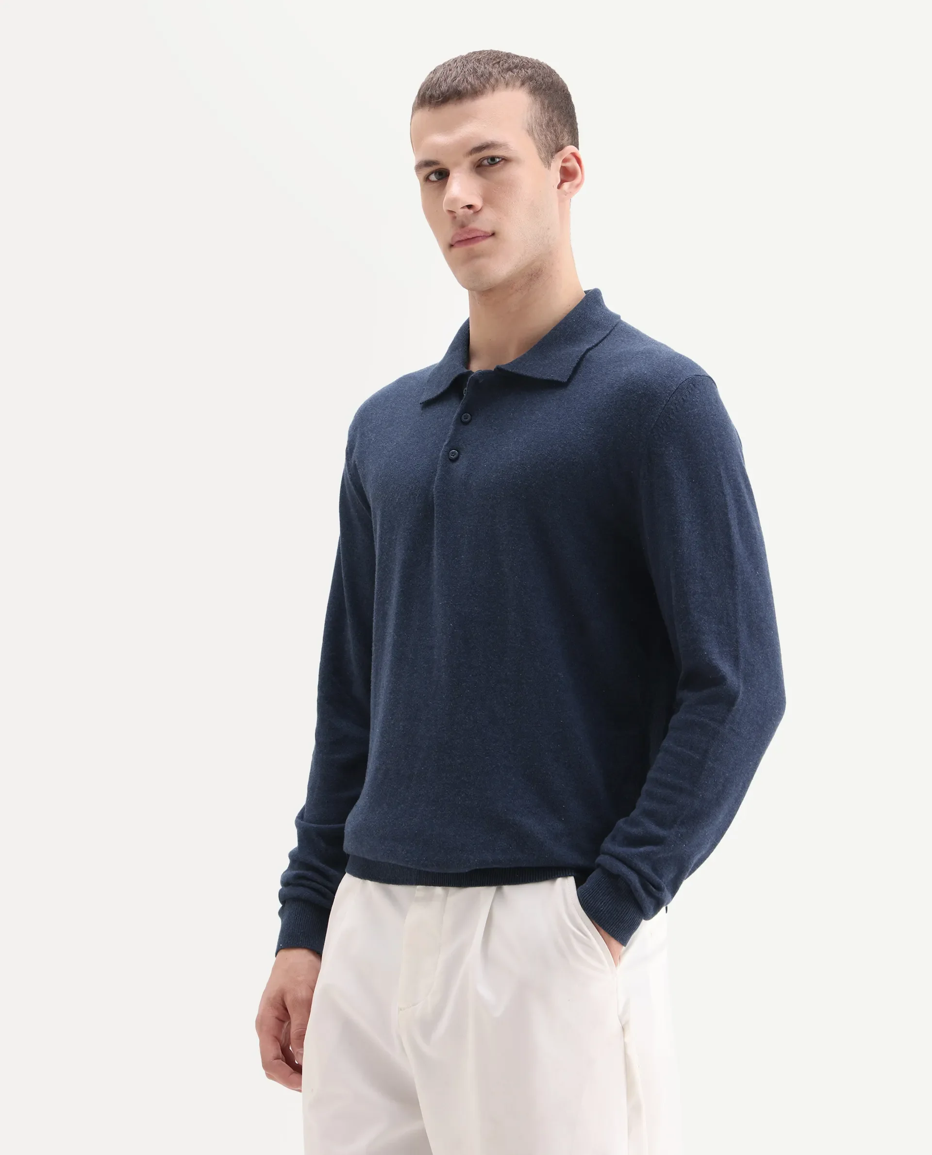 Rare Rabbit Men's Pyer Navy Flat Knit Plain Regular Fit Full Sleeve Polo - Image 4
