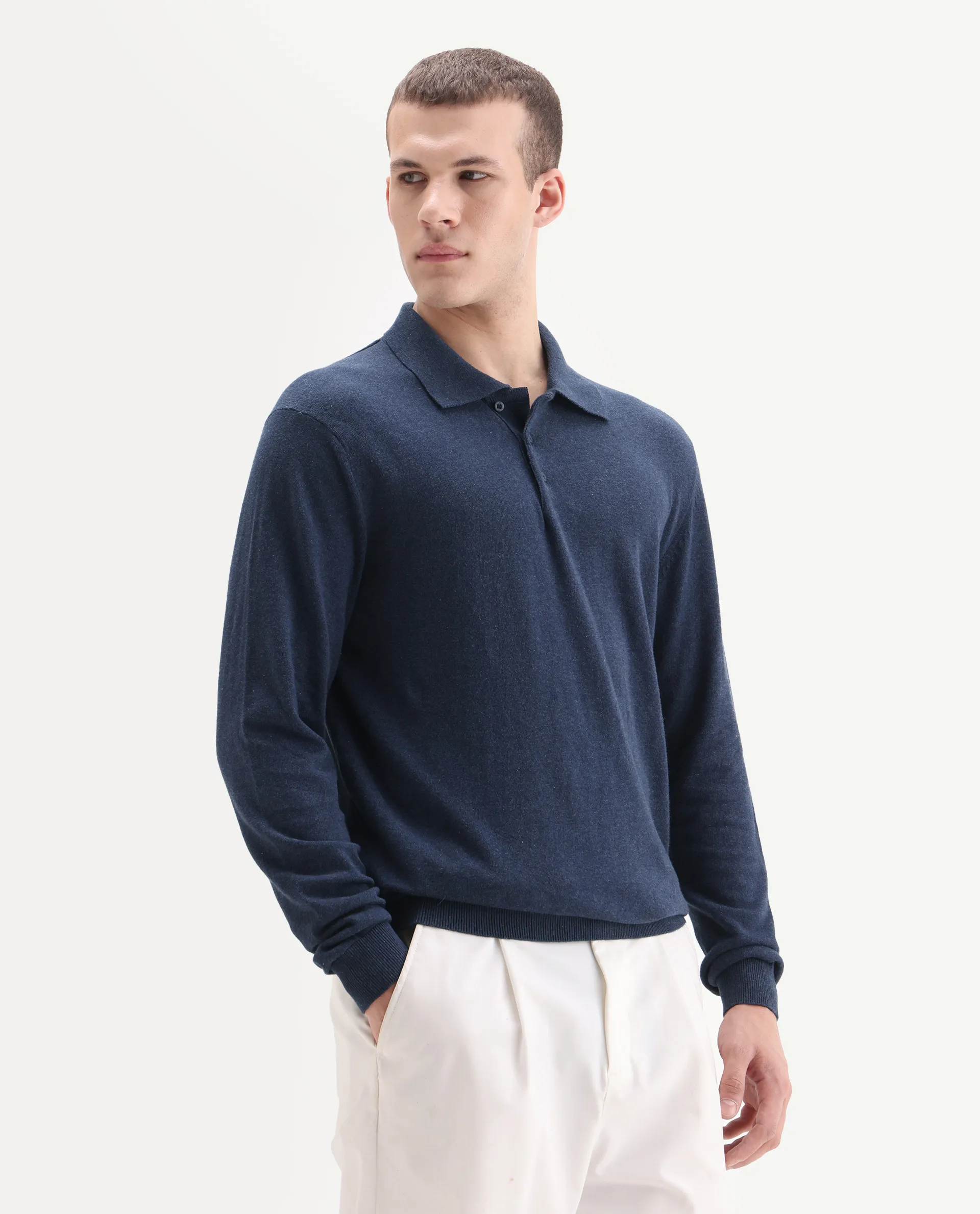 Rare Rabbit Men's Pyer Navy Flat Knit Plain Regular Fit Full Sleeve Polo - Image 5