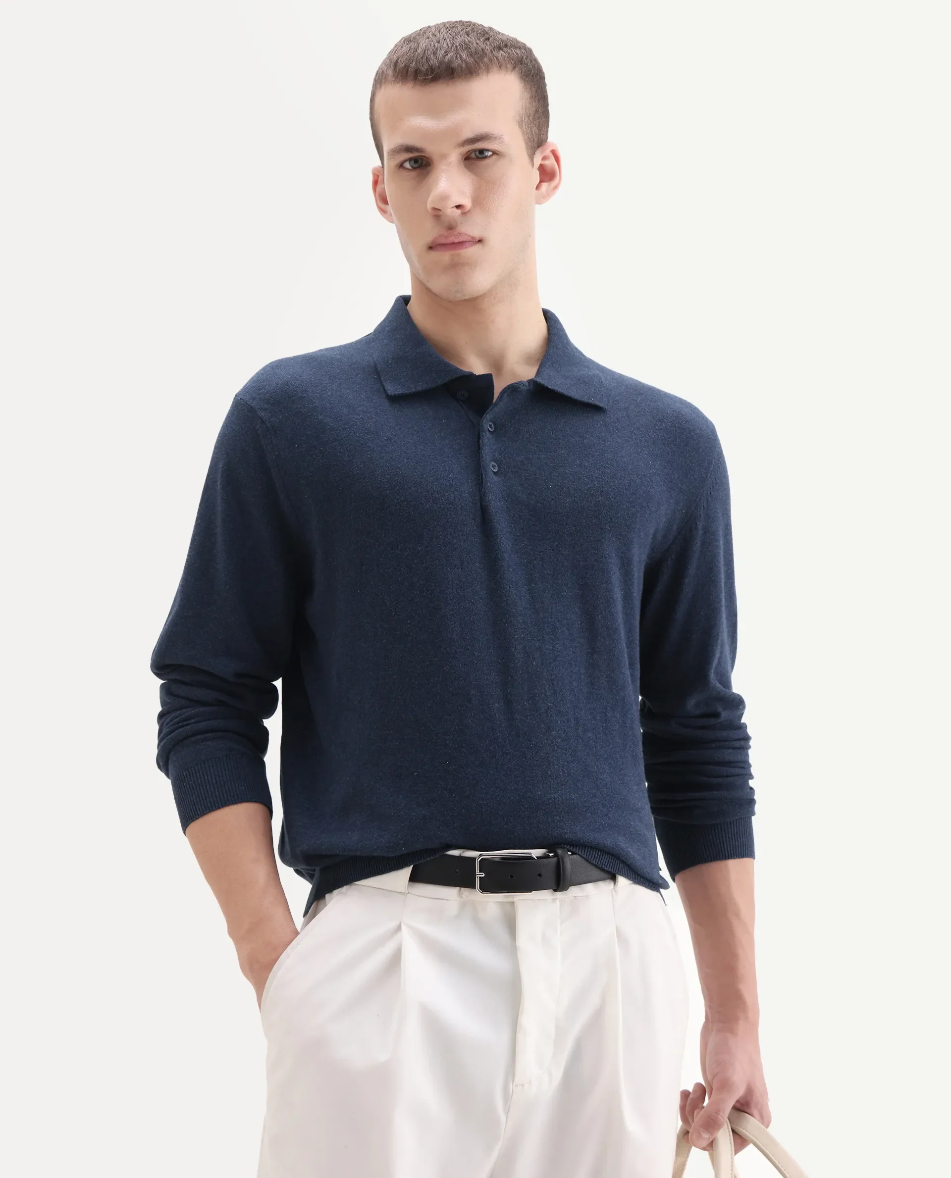 Rare Rabbit Men's Pyer Navy Flat Knit Plain Regular Fit Full Sleeve Polo - Image 6