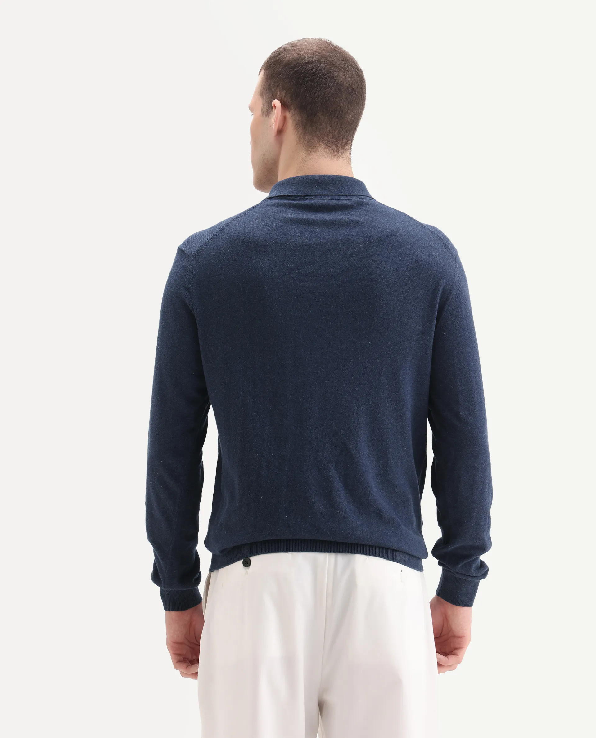 Rare Rabbit Men's Pyer Navy Flat Knit Plain Regular Fit Full Sleeve Polo - Image 7
