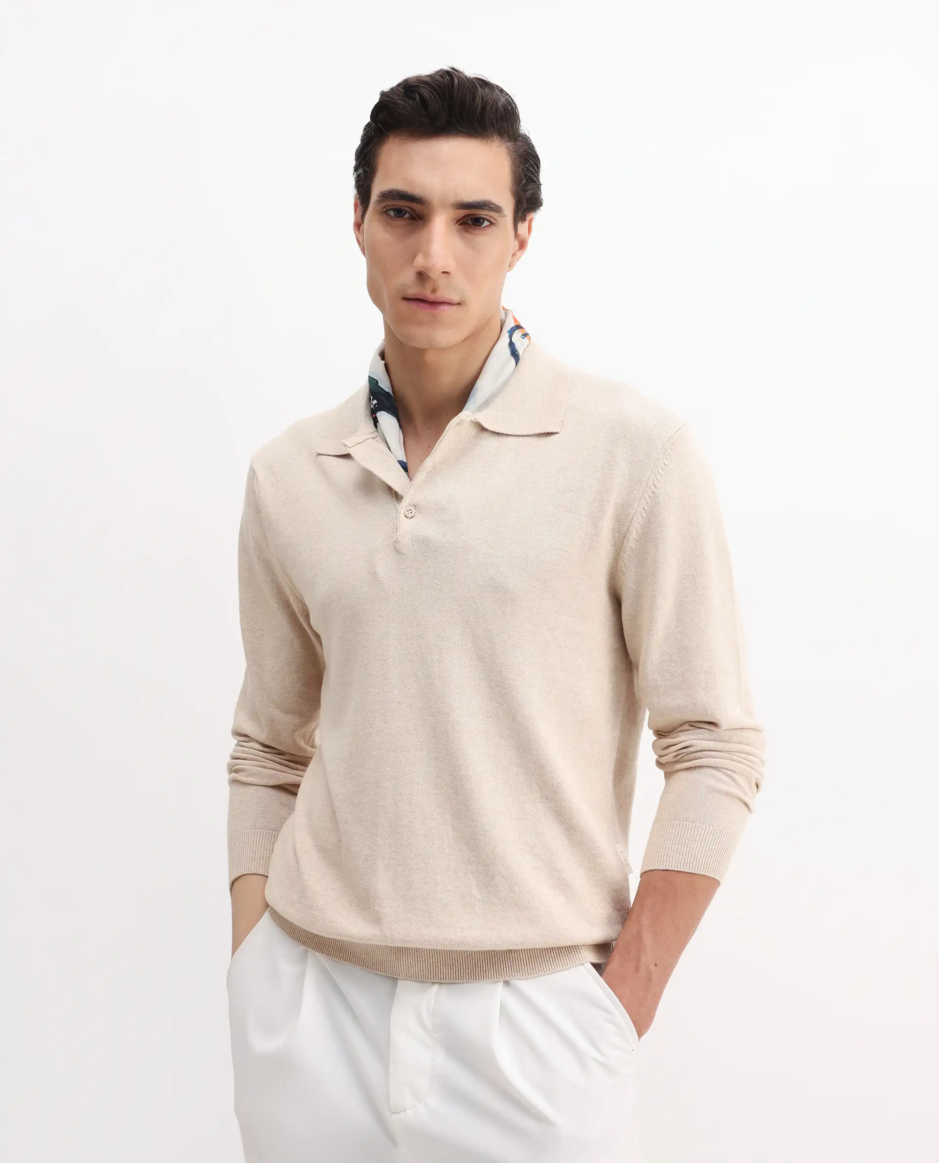 Rare Rabbit Men's Pyer Off White Flat Knit Plain Regular Fit Full Sleeve Polo