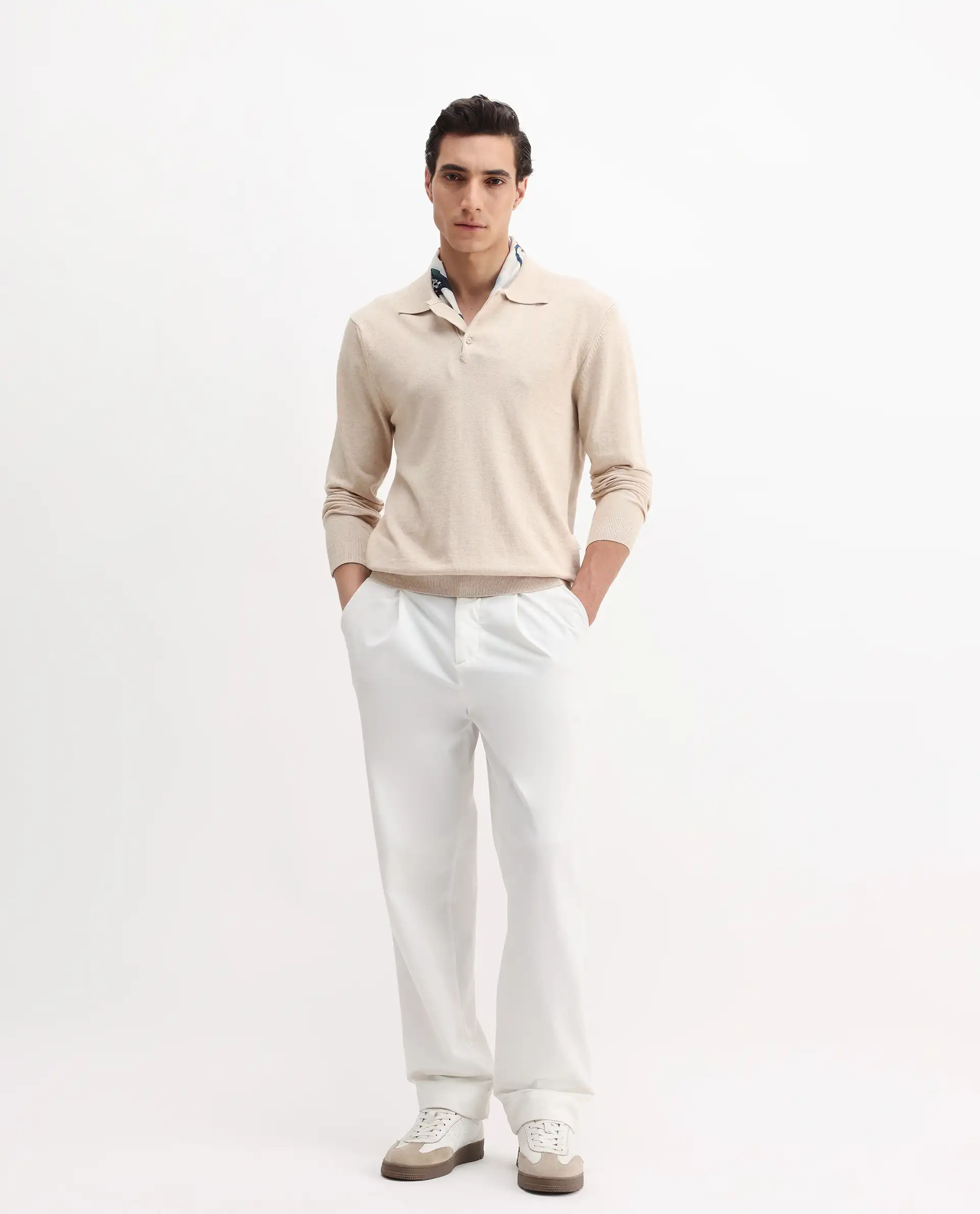 Rare Rabbit Men's Pyer Off White Flat Knit Plain Regular Fit Full Sleeve Polo - Image 2