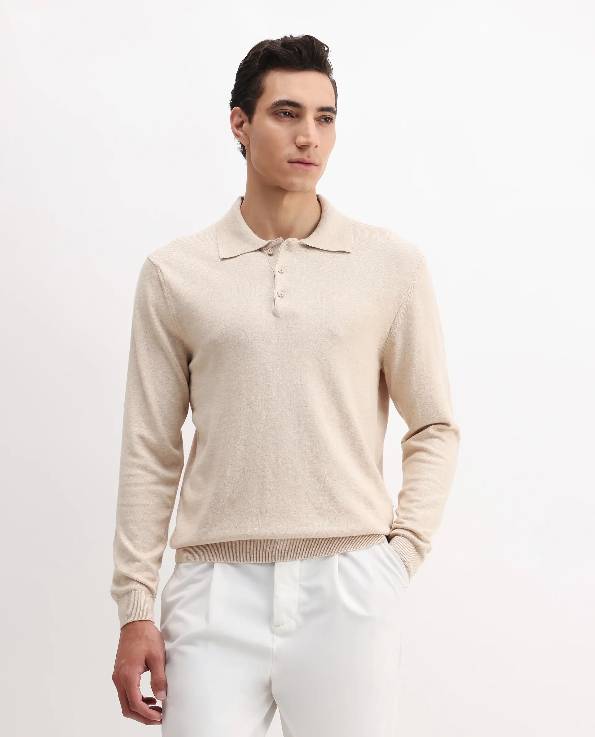 Rare Rabbit Men's Pyer Off White Flat Knit Plain Regular Fit Full Sleeve Polo - Image 3