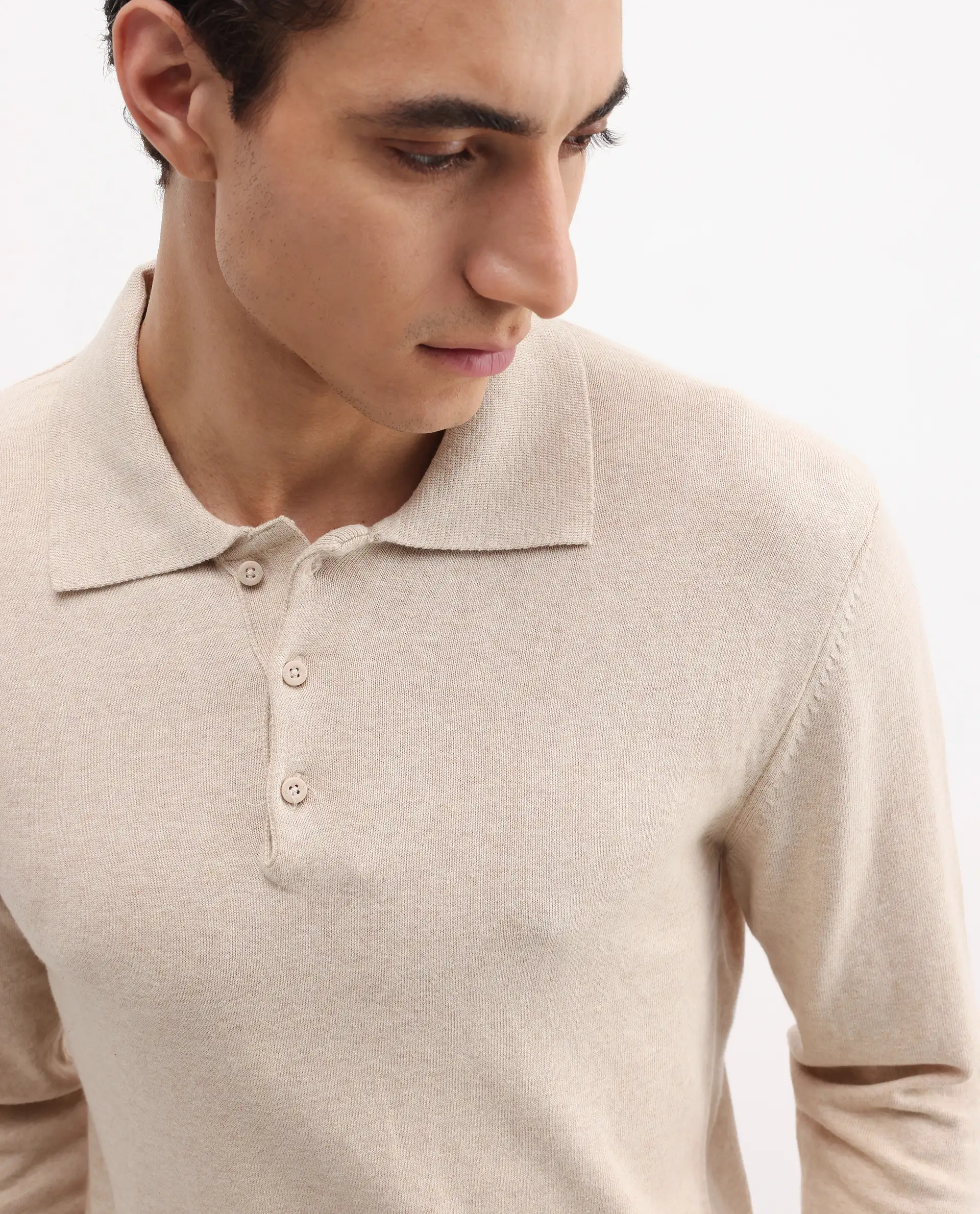 Rare Rabbit Men's Pyer Off White Flat Knit Plain Regular Fit Full Sleeve Polo - Image 4