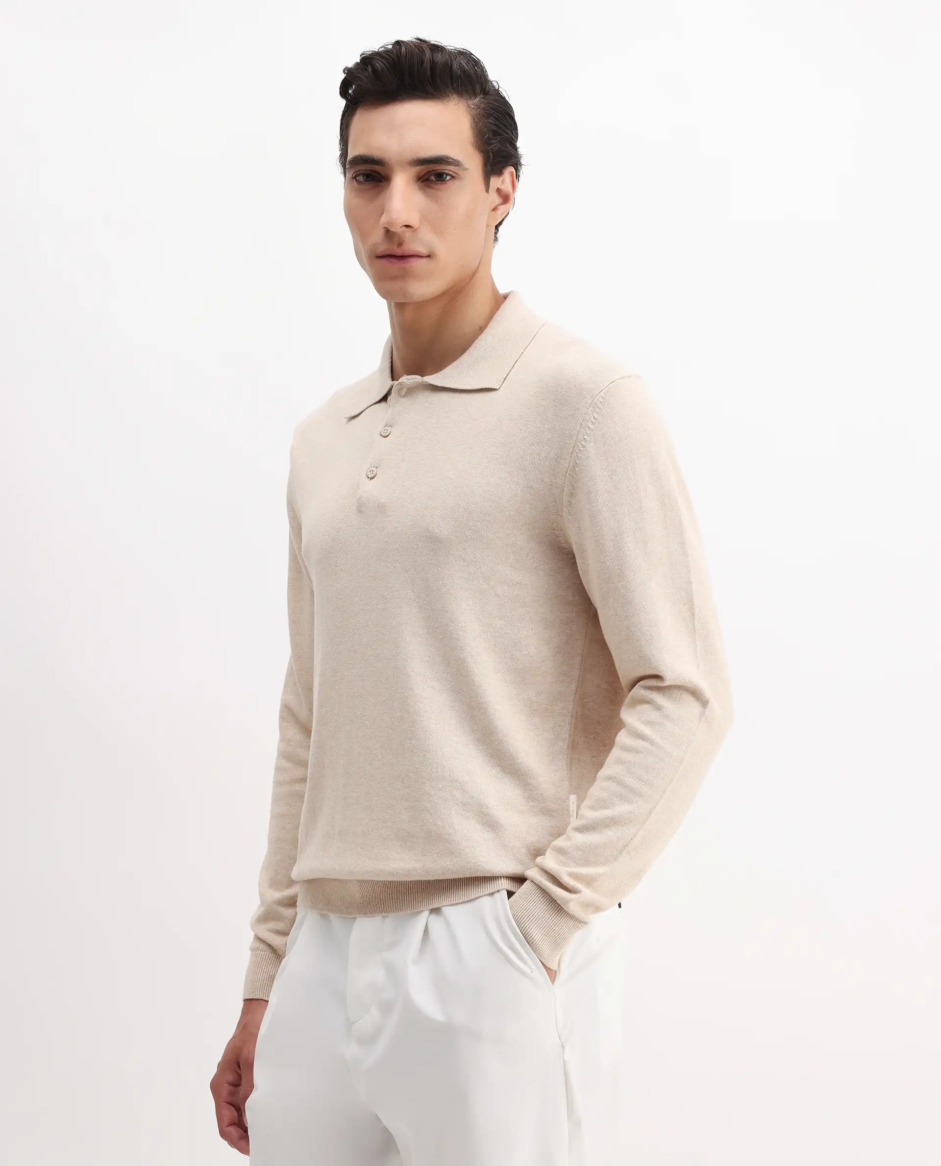 Rare Rabbit Men's Pyer Off White Flat Knit Plain Regular Fit Full Sleeve Polo - Image 5