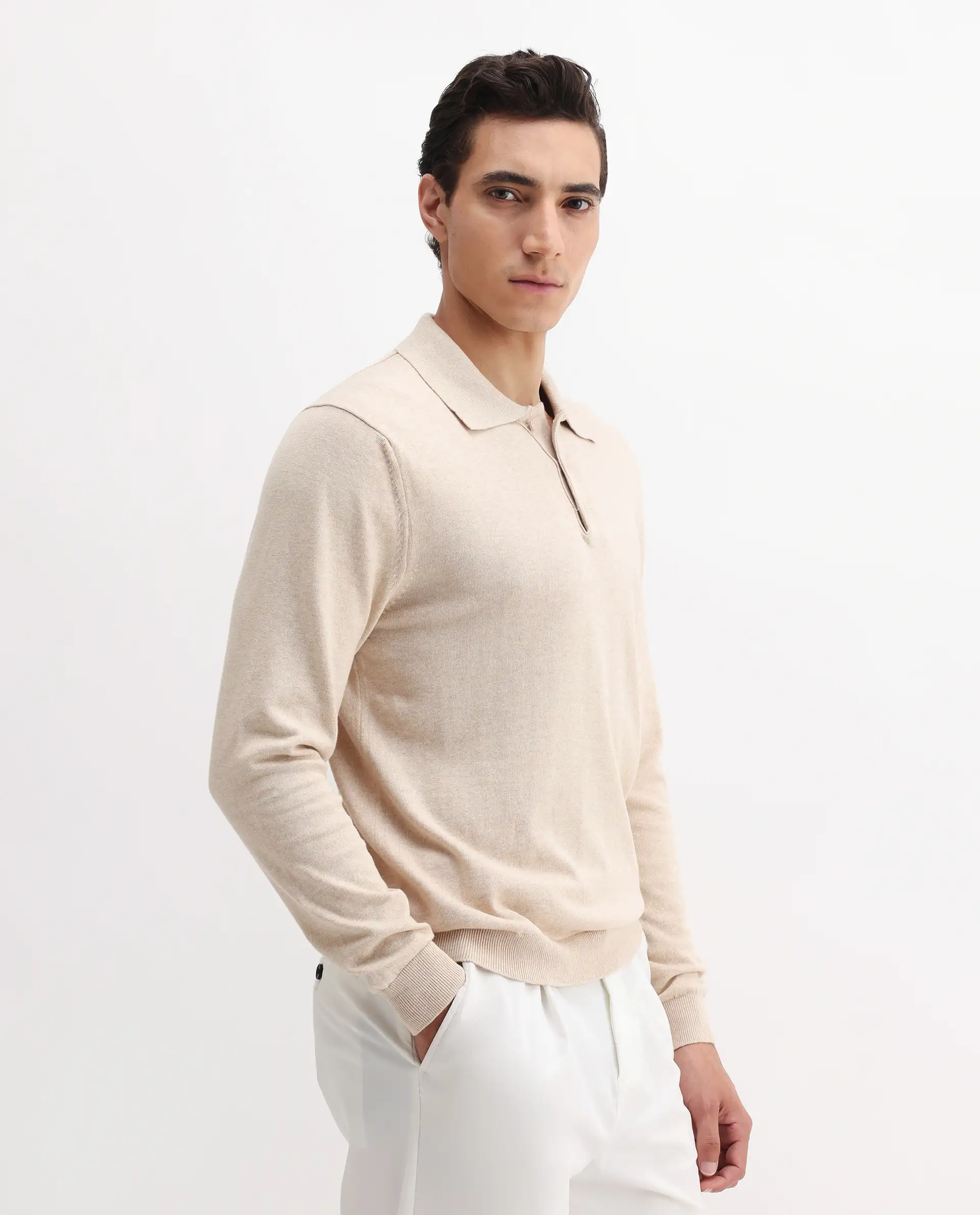 Rare Rabbit Men's Pyer Off White Flat Knit Plain Regular Fit Full Sleeve Polo - Image 6