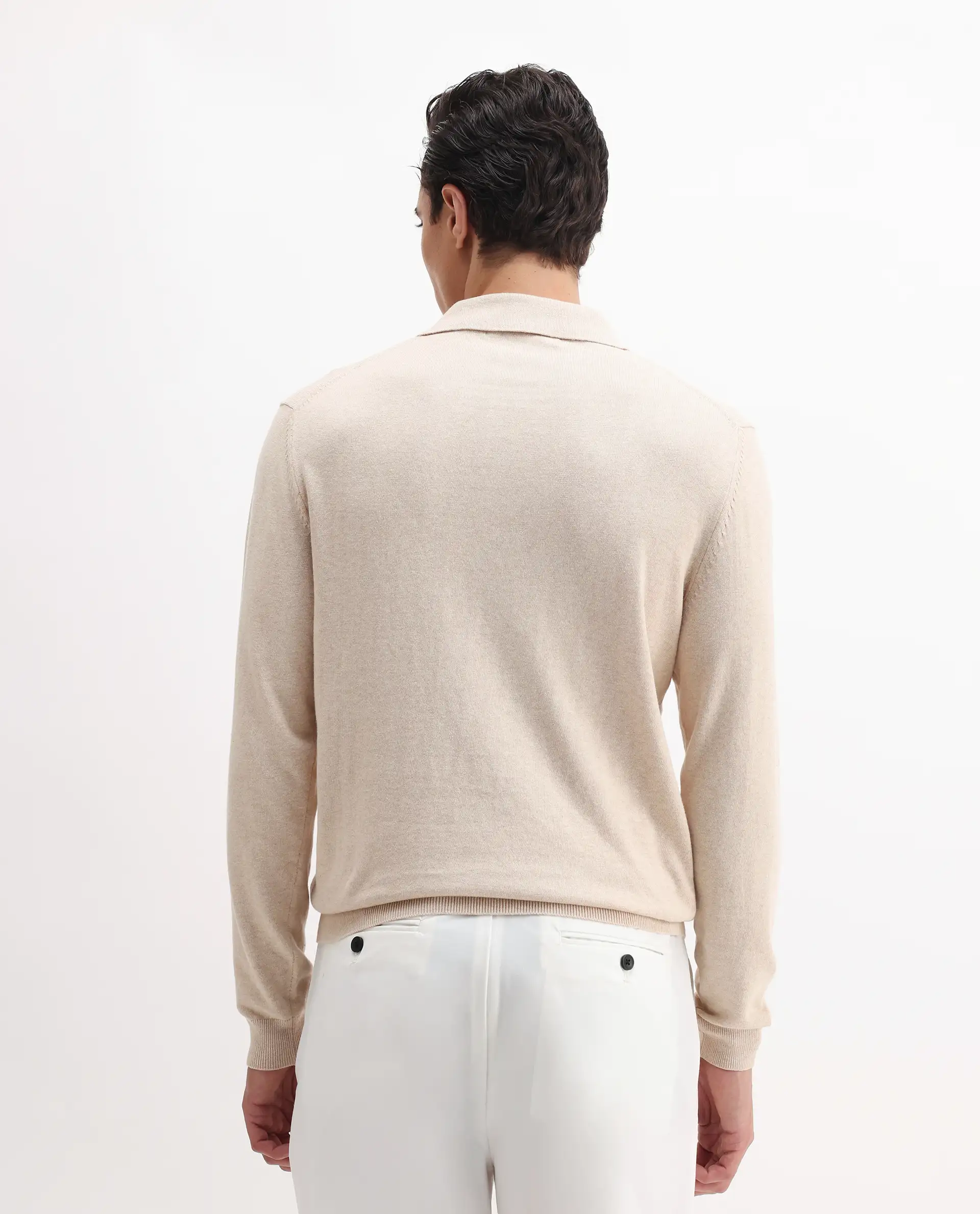 Rare Rabbit Men's Pyer Off White Flat Knit Plain Regular Fit Full Sleeve Polo - Image 7