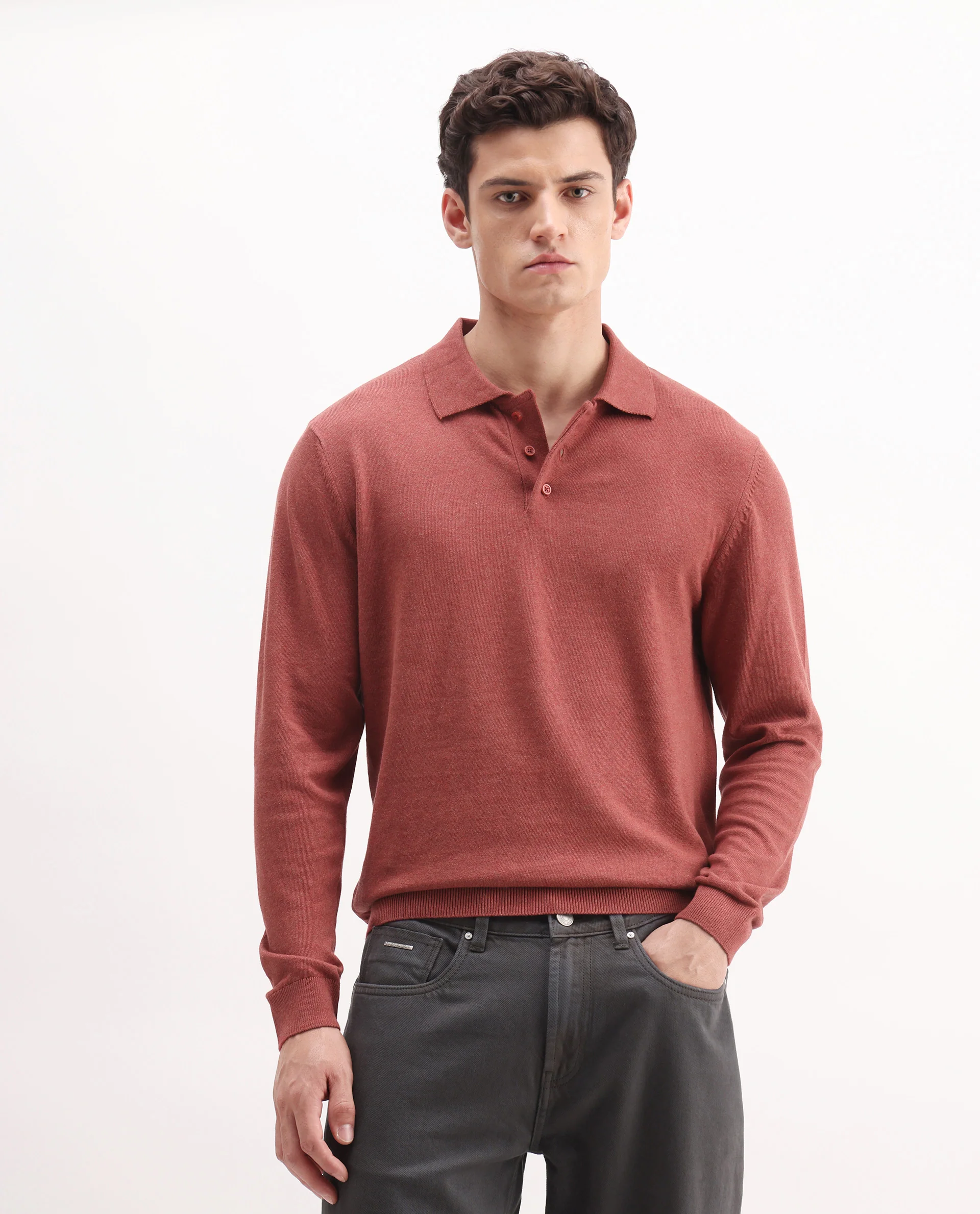 Rare Rabbit Men's Pyer Red Flat Knit Plain Regular Fit Full Sleeve Polo - Image 3