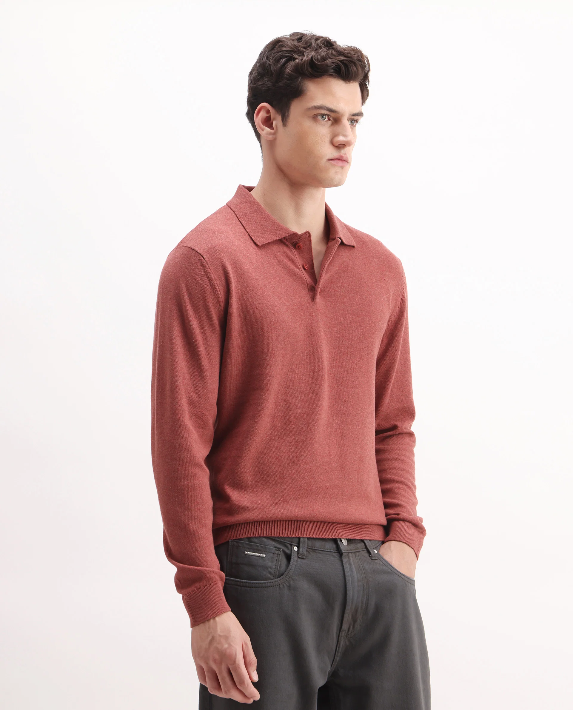 Rare Rabbit Men's Pyer Red Flat Knit Plain Regular Fit Full Sleeve Polo - Image 6