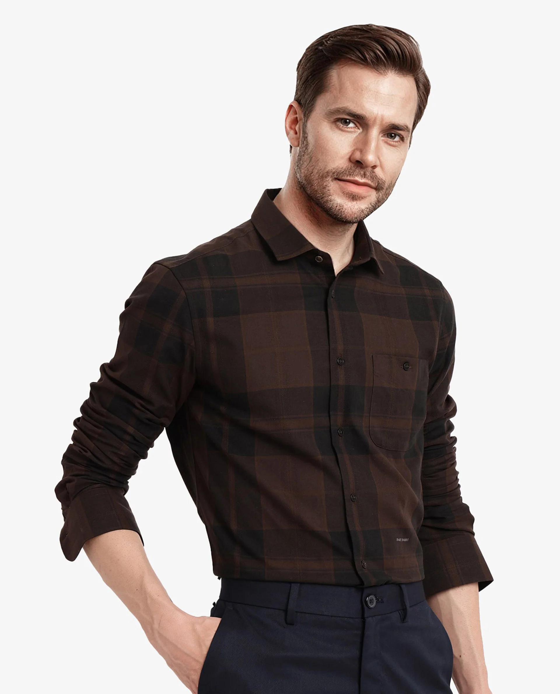 Rare Rabbit Men's Pyre Dark Brown Cotton Checked Print Regular Fit Full Sleeve Collared Shirt - Image 4