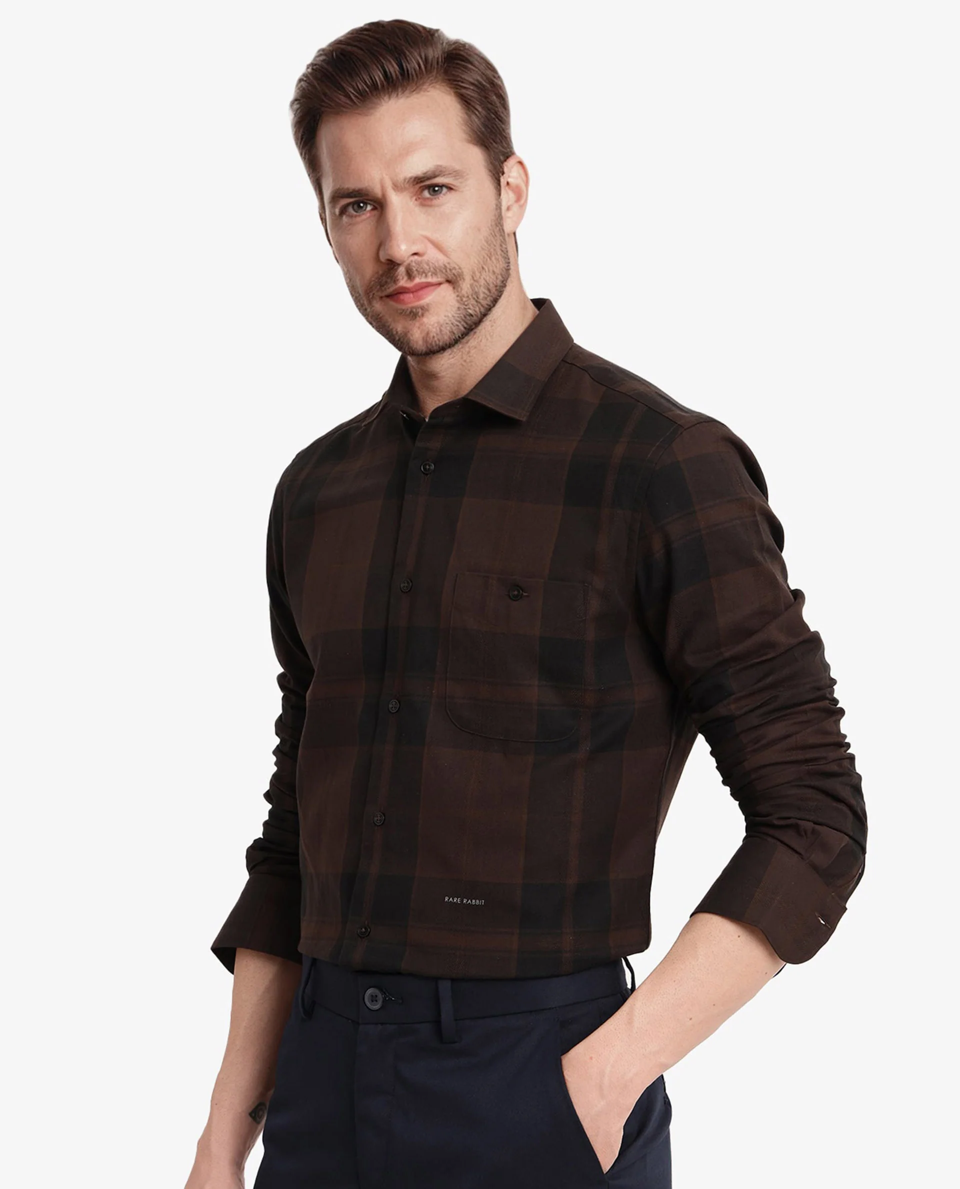 Rare Rabbit Men's Pyre Dark Brown Cotton Checked Print Regular Fit Full Sleeve Collared Shirt - Image 7