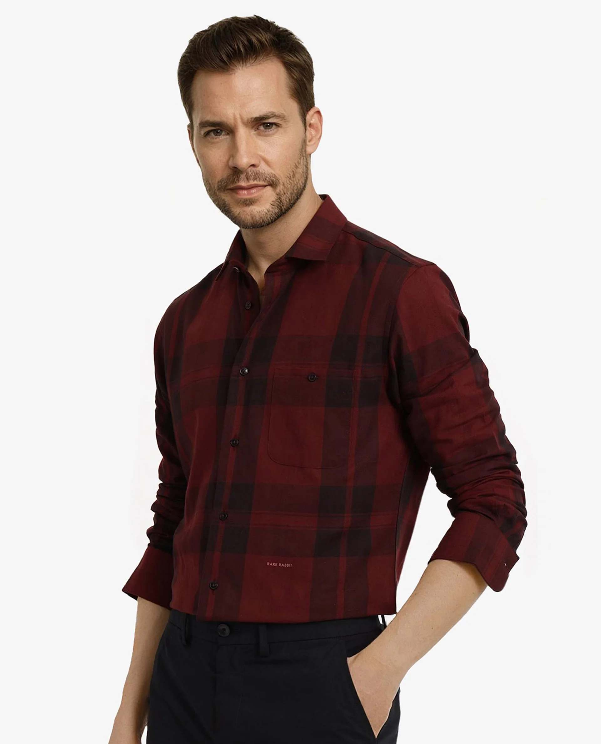 Rare Rabbit Men's Pyre Dark Red Cotton Checked Print Regular Fit Full Sleeve Collared Shirt - Image 6