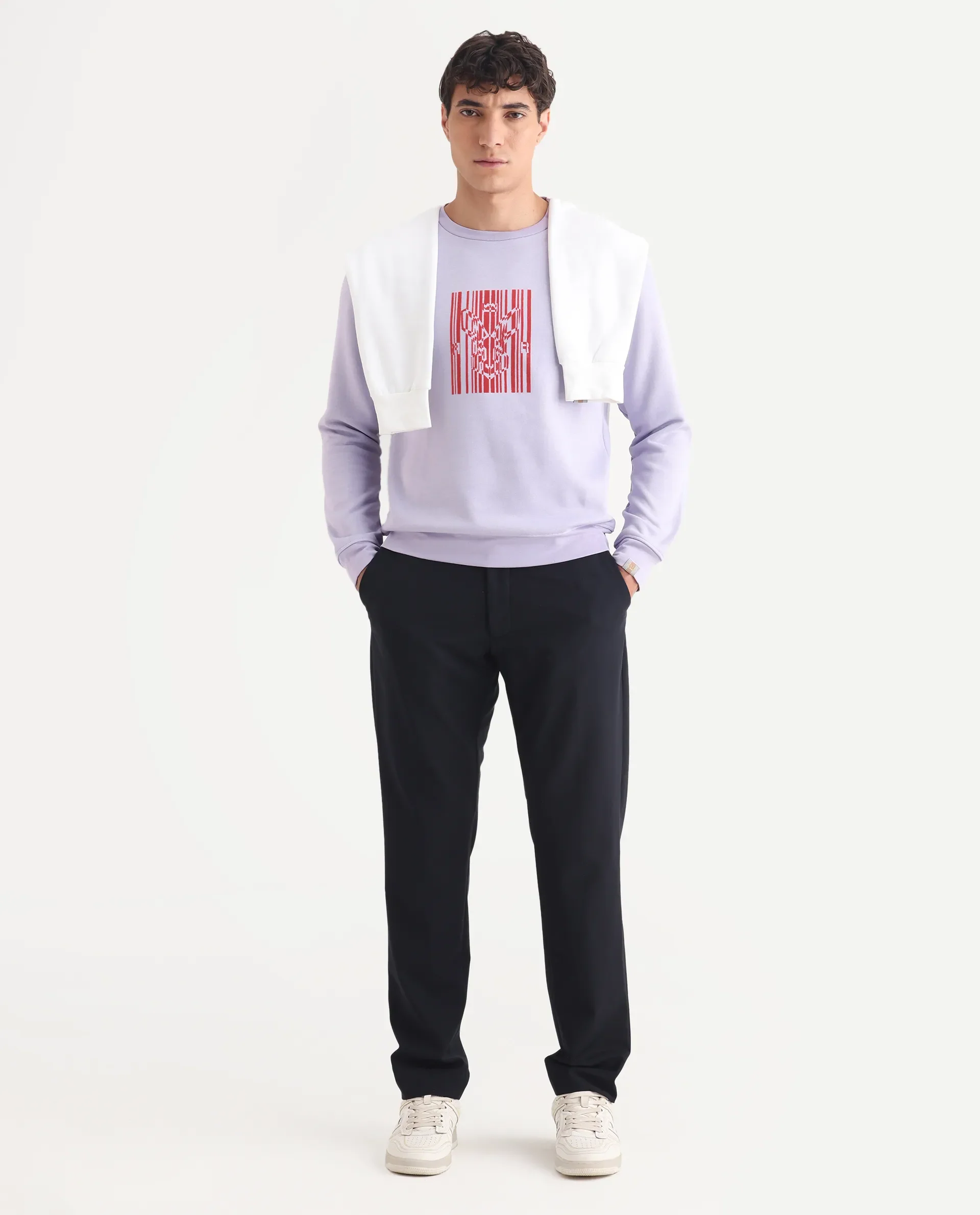 Rare Rabbit Men's Pysde Pastel Purple Cotton Graphic Print Relaxed Fit Full Sleeve Crew Neck Sweatshirt - Image 2