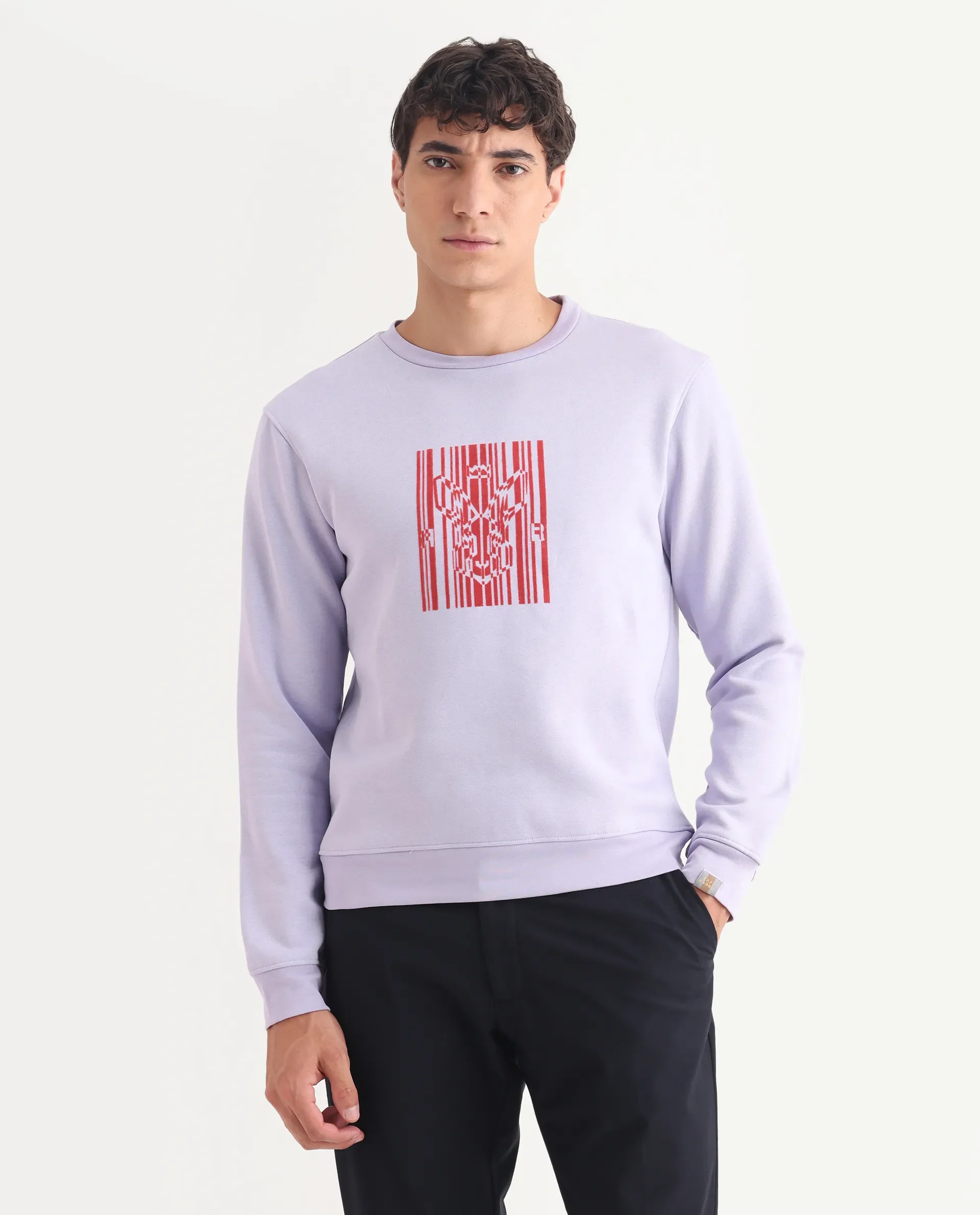 Rare Rabbit Men's Pysde Pastel Purple Cotton Graphic Print Relaxed Fit Full Sleeve Crew Neck Sweatshirt - Image 3