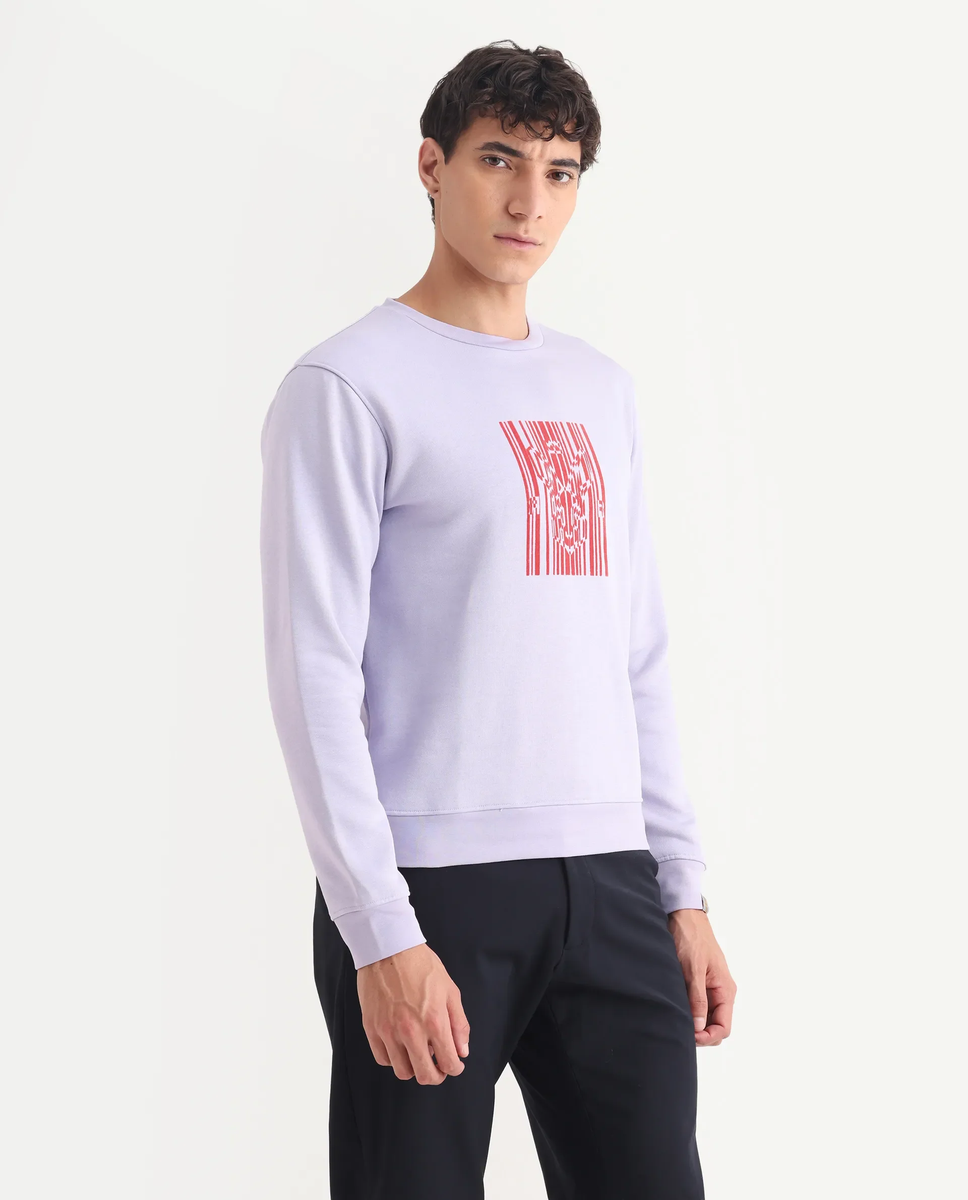 Rare Rabbit Men's Pysde Pastel Purple Cotton Graphic Print Relaxed Fit Full Sleeve Crew Neck Sweatshirt - Image 4