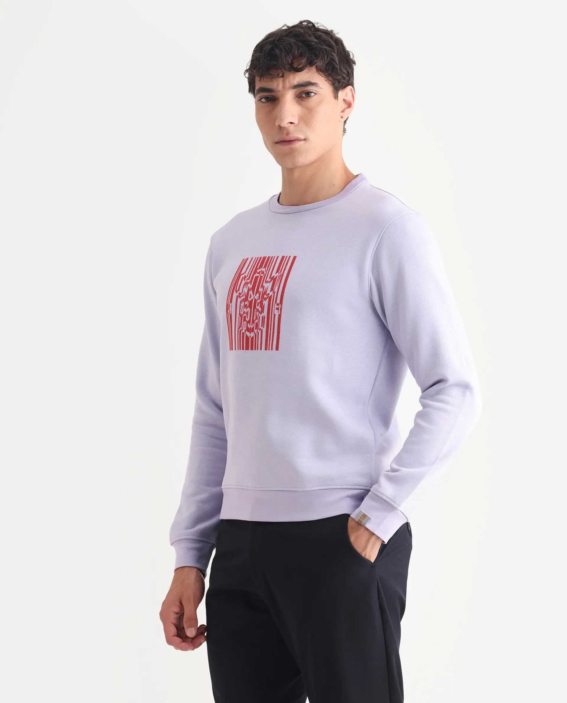 Rare Rabbit Men's Pysde Pastel Purple Cotton Graphic Print Relaxed Fit Full Sleeve Crew Neck Sweatshirt - Image 5