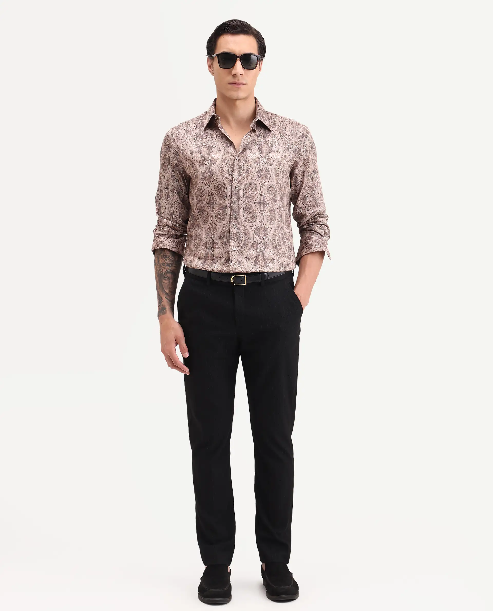 Rare Rabbit Men's Qaiz Dusky Beige Cotton Blend Fabric Full Sleeve Spread Collar Regular Fit Paisley Print Shirt - Image 2