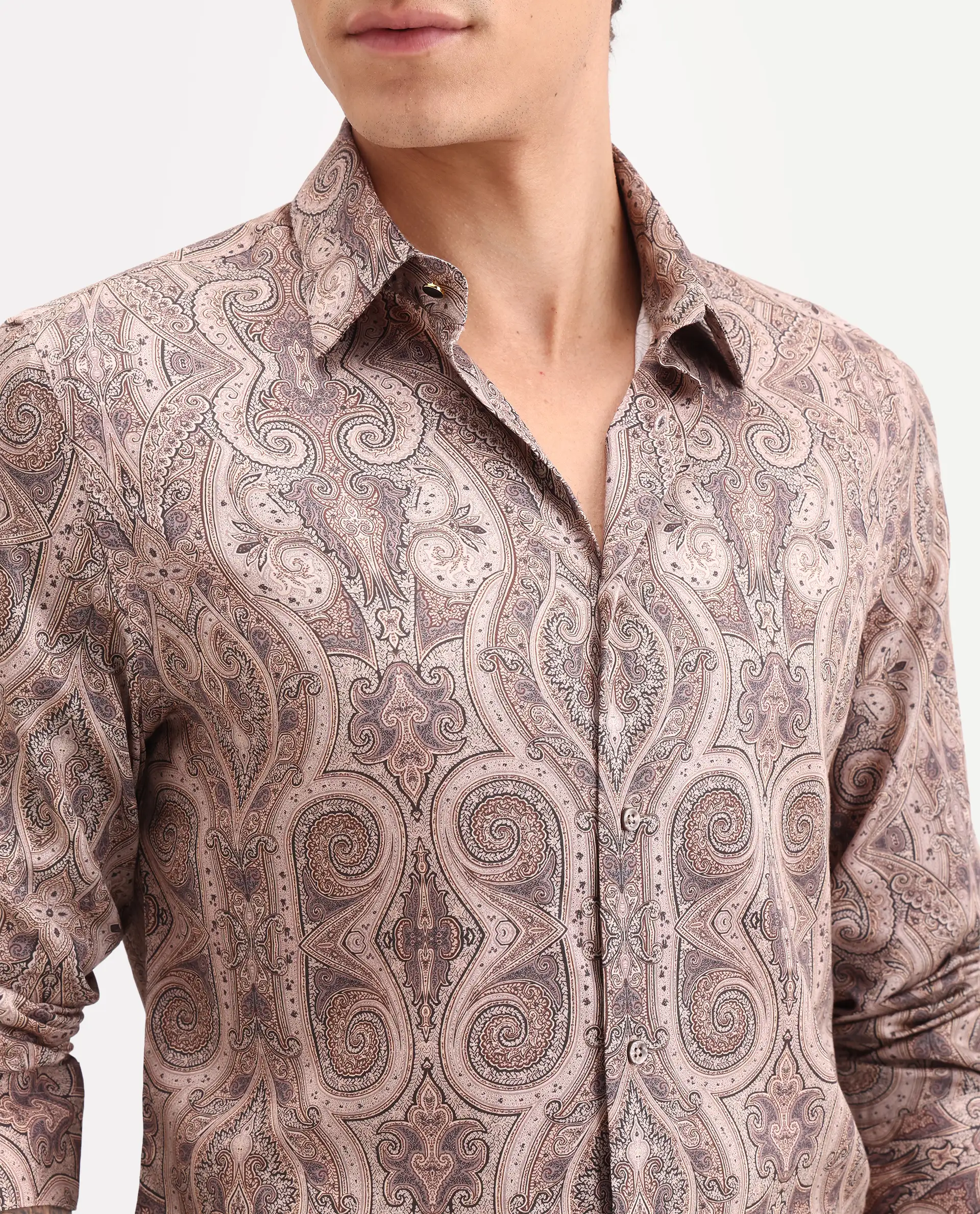 Rare Rabbit Men's Qaiz Dusky Beige Cotton Blend Fabric Full Sleeve Spread Collar Regular Fit Paisley Print Shirt - Image 3