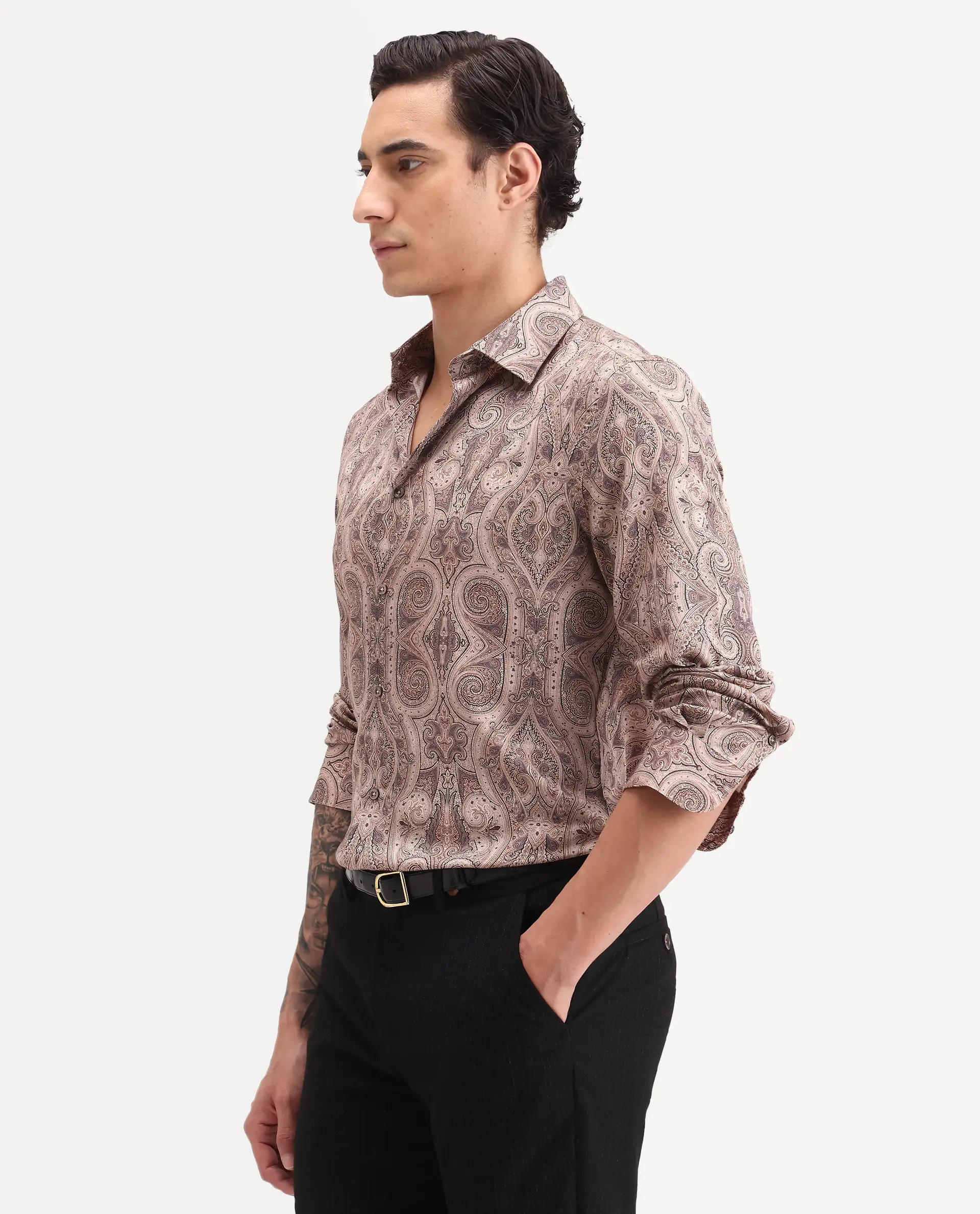 Rare Rabbit Men's Qaiz Dusky Beige Cotton Blend Fabric Full Sleeve Spread Collar Regular Fit Paisley Print Shirt - Image 4
