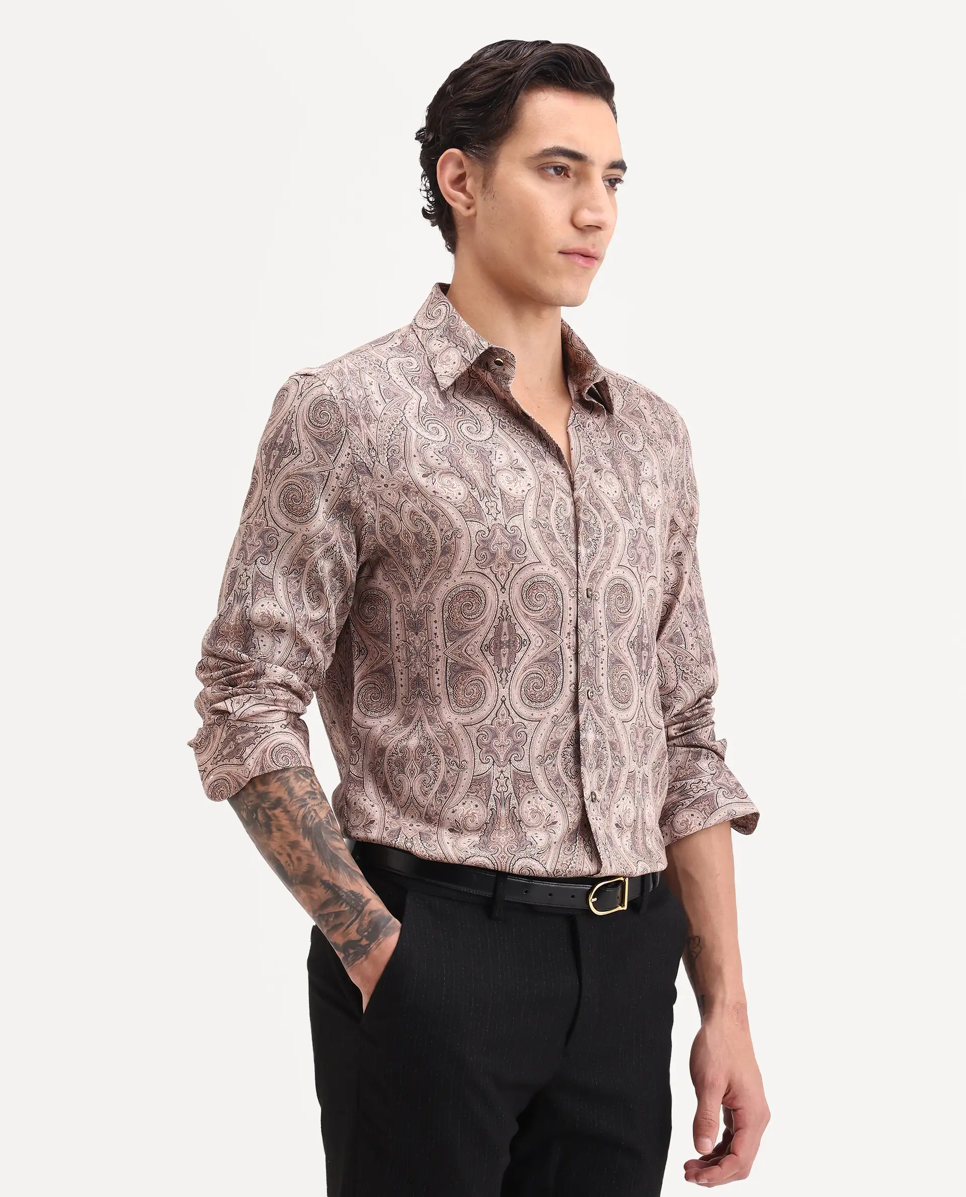 Rare Rabbit Men's Qaiz Dusky Beige Cotton Blend Fabric Full Sleeve Spread Collar Regular Fit Paisley Print Shirt - Image 5