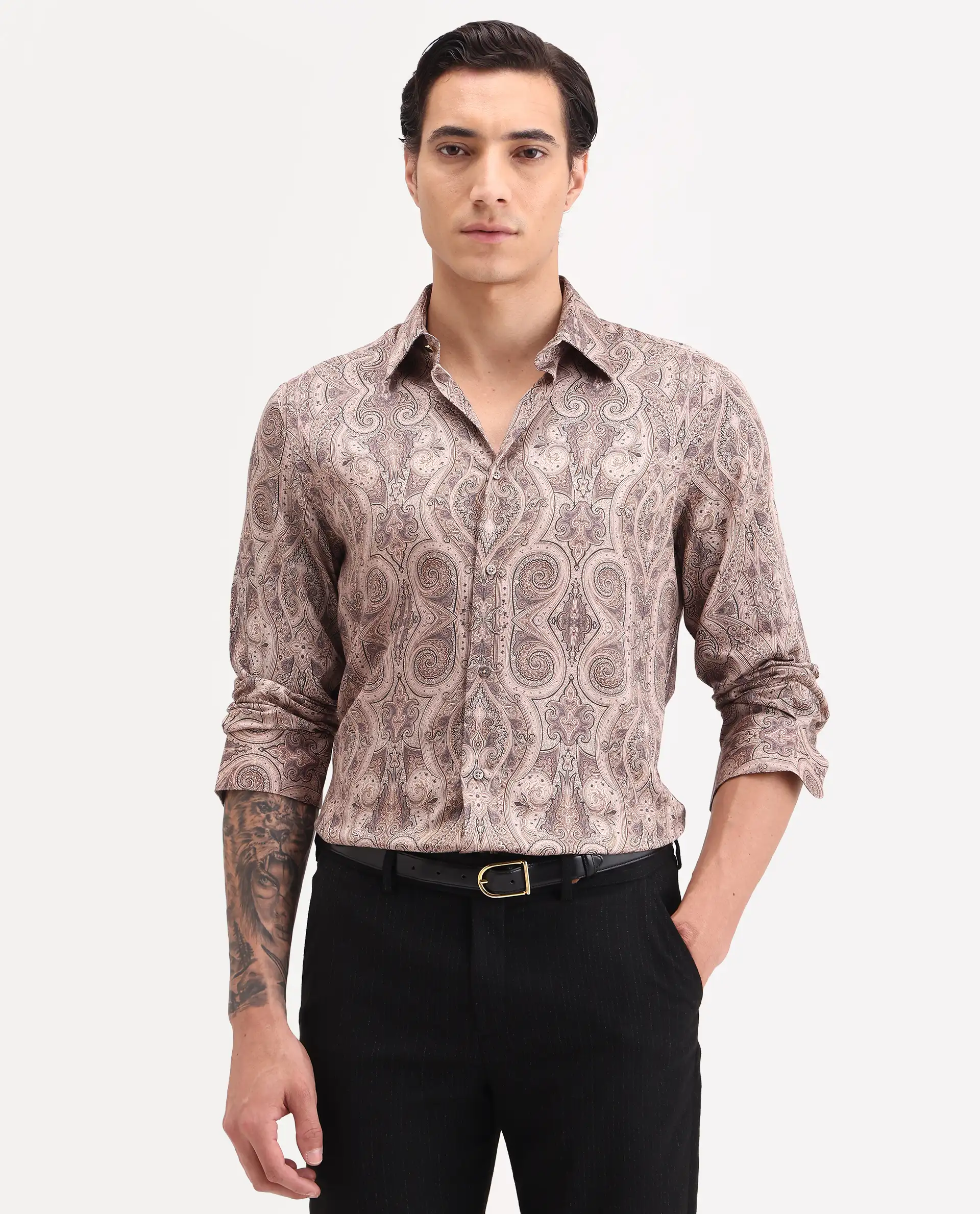 Rare Rabbit Men's Qaiz Dusky Beige Cotton Blend Fabric Full Sleeve Spread Collar Regular Fit Paisley Print Shirt - Image 6
