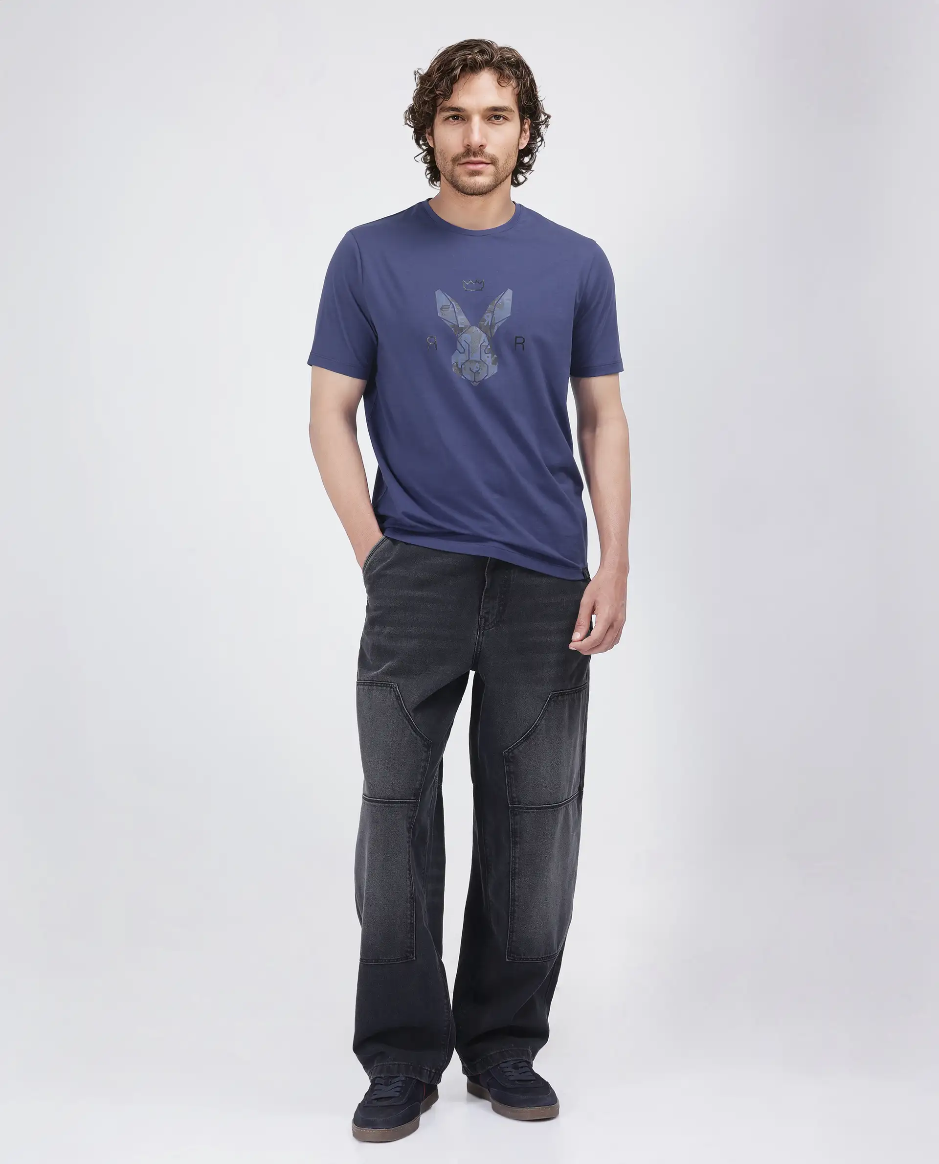 Rare Rabbit Men's Qaz Dark Blue Cotton Blend Graphic Print Regular Fit Half Sleeve Crew Neck T-Shirt - Image 2