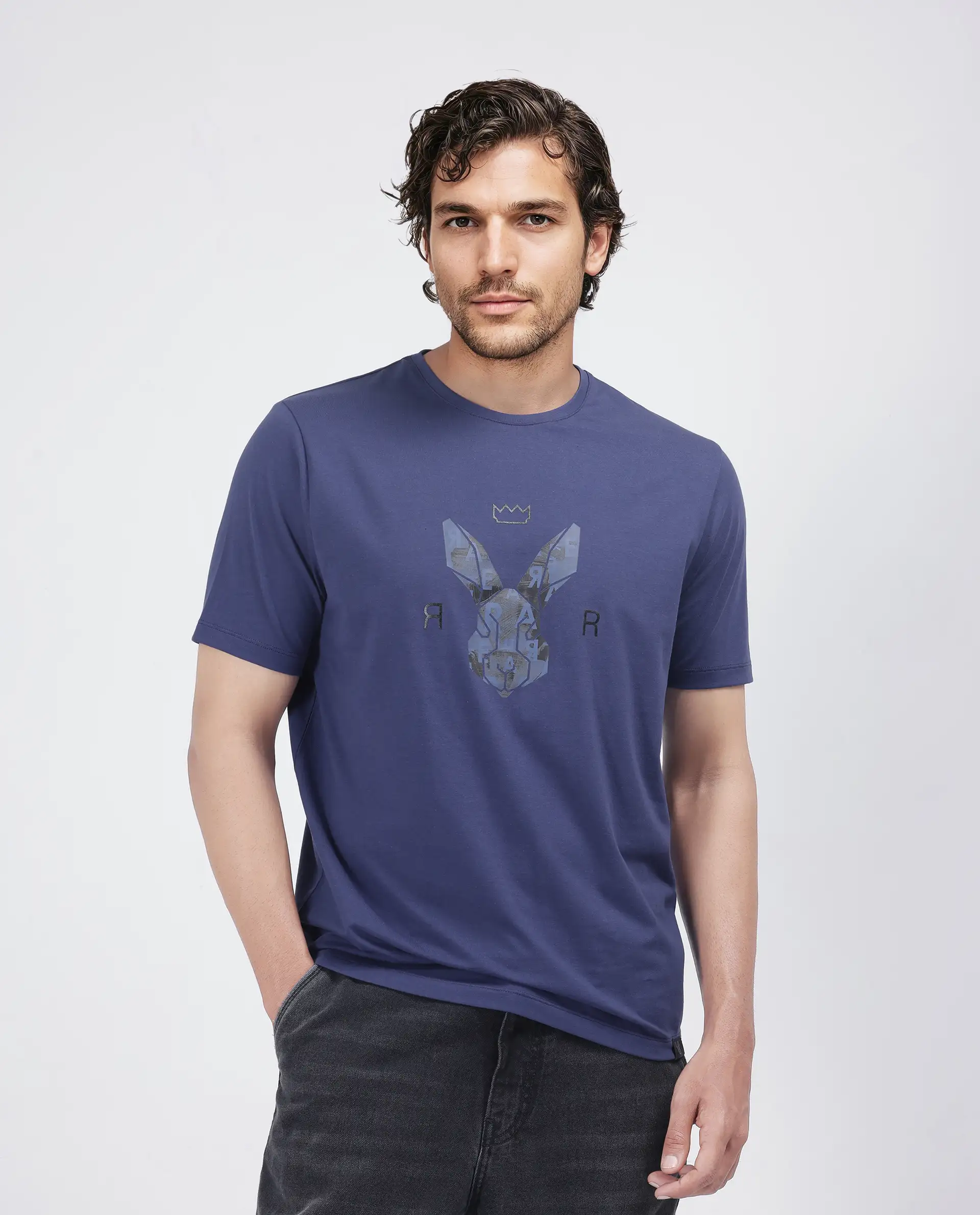 Rare Rabbit Men's Qaz Dark Blue Cotton Blend Graphic Print Regular Fit Half Sleeve Crew Neck T-Shirt - Image 3