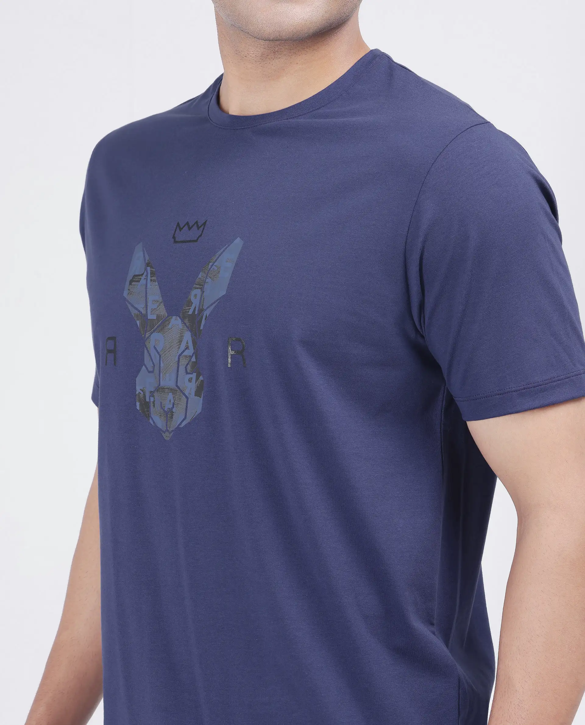 Rare Rabbit Men's Qaz Dark Blue Cotton Blend Graphic Print Regular Fit Half Sleeve Crew Neck T-Shirt - Image 4