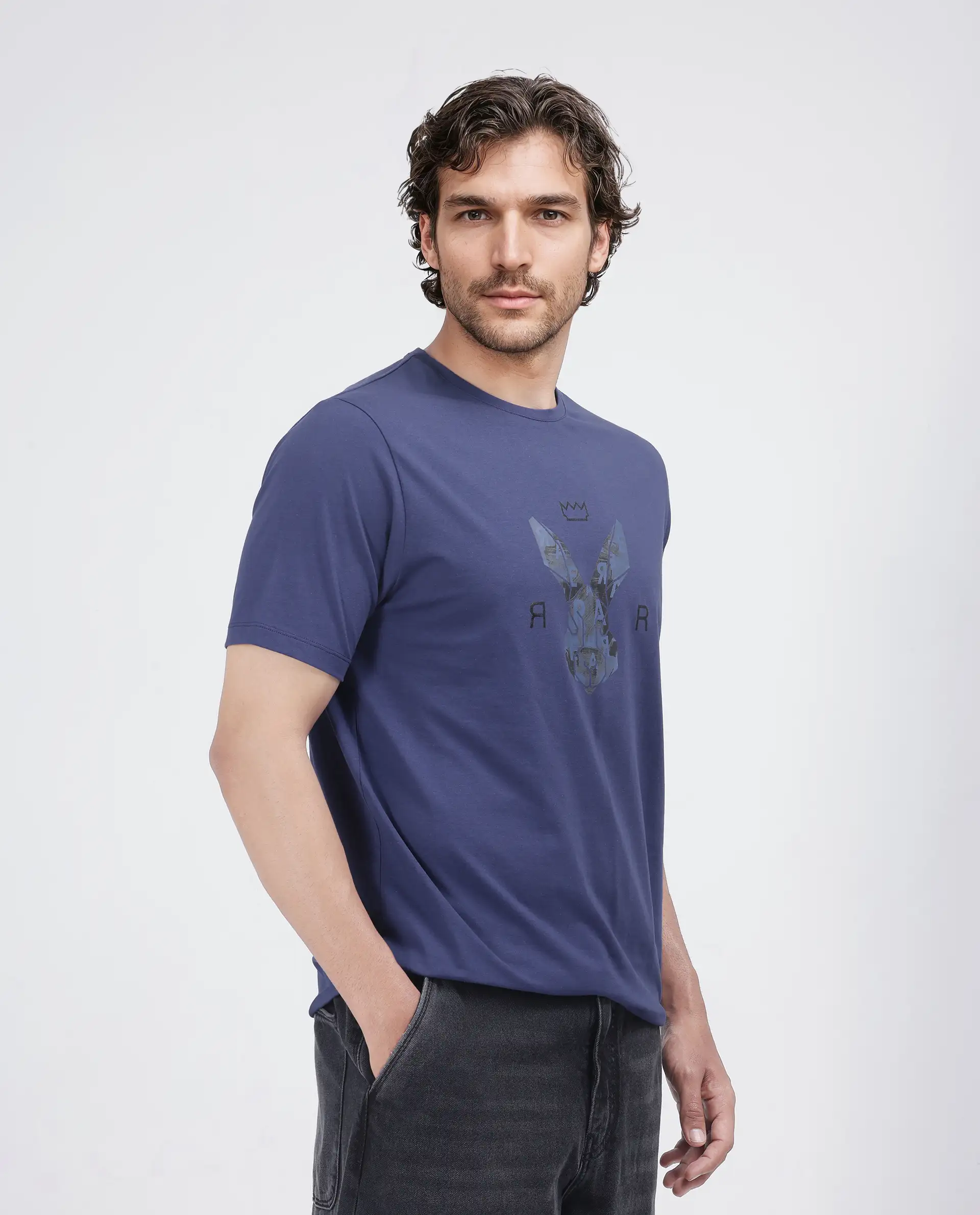 Rare Rabbit Men's Qaz Dark Blue Cotton Blend Graphic Print Regular Fit Half Sleeve Crew Neck T-Shirt - Image 6