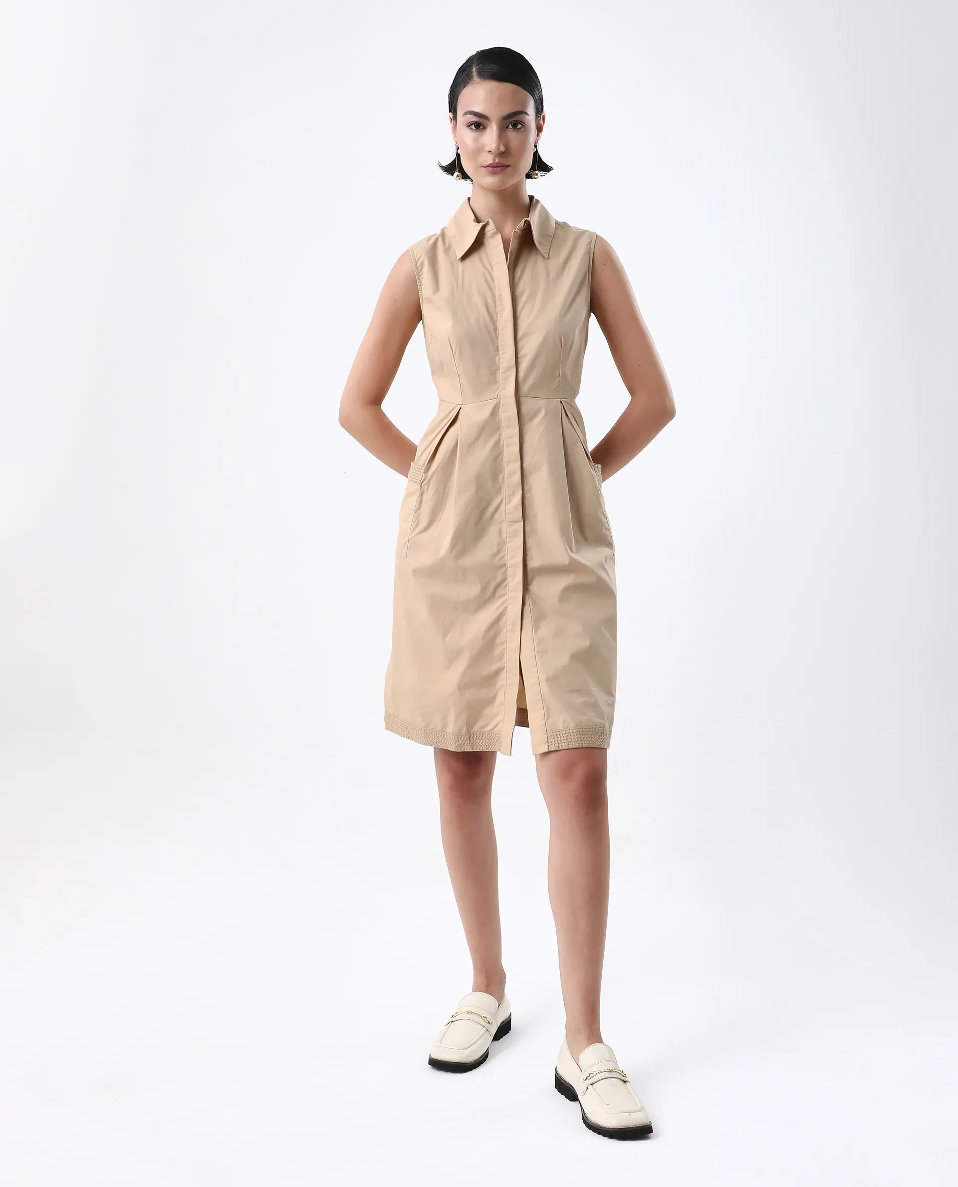 Rareism Women's Qba Light Sand Cotton Drop Collar Plain Sleeveless Midi A-Line Dress - Image 2