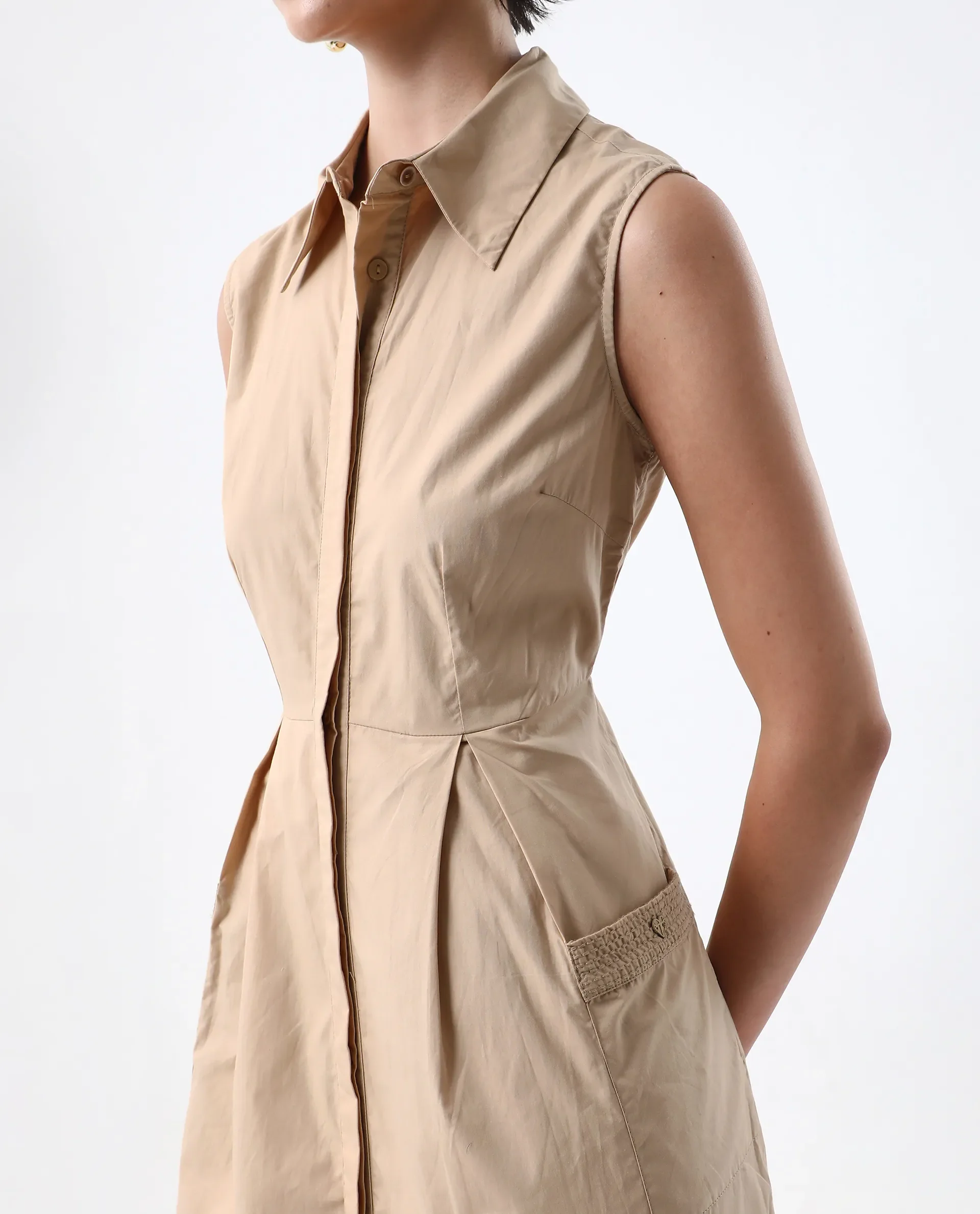 Rareism Women's Qba Light Sand Cotton Drop Collar Plain Sleeveless Midi A-Line Dress - Image 3